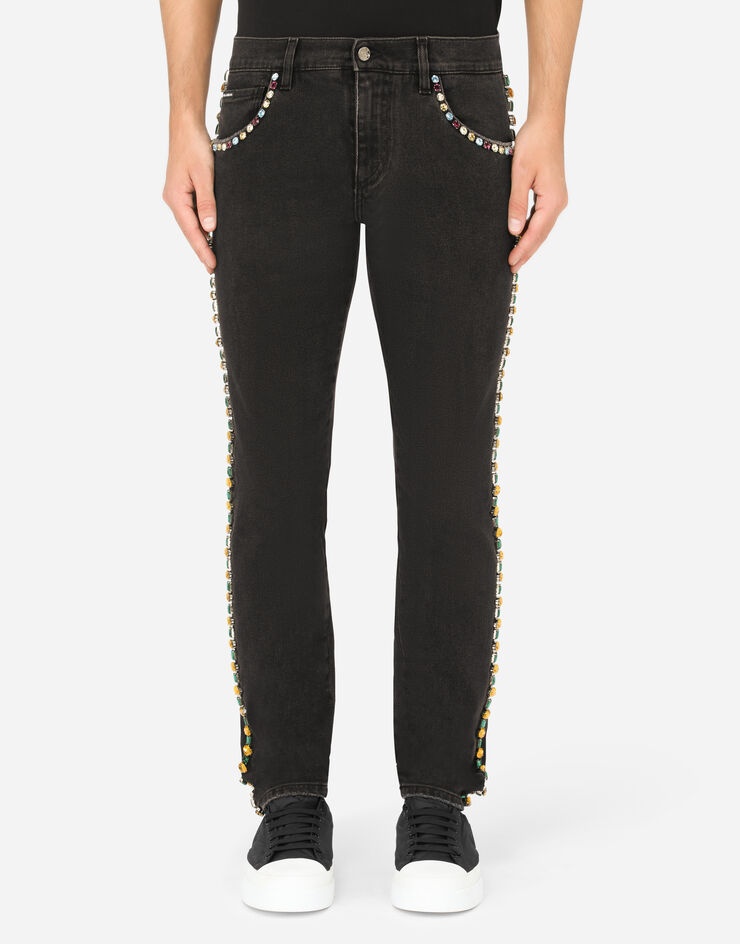 Black skinny stretch jeans with crystals - 1