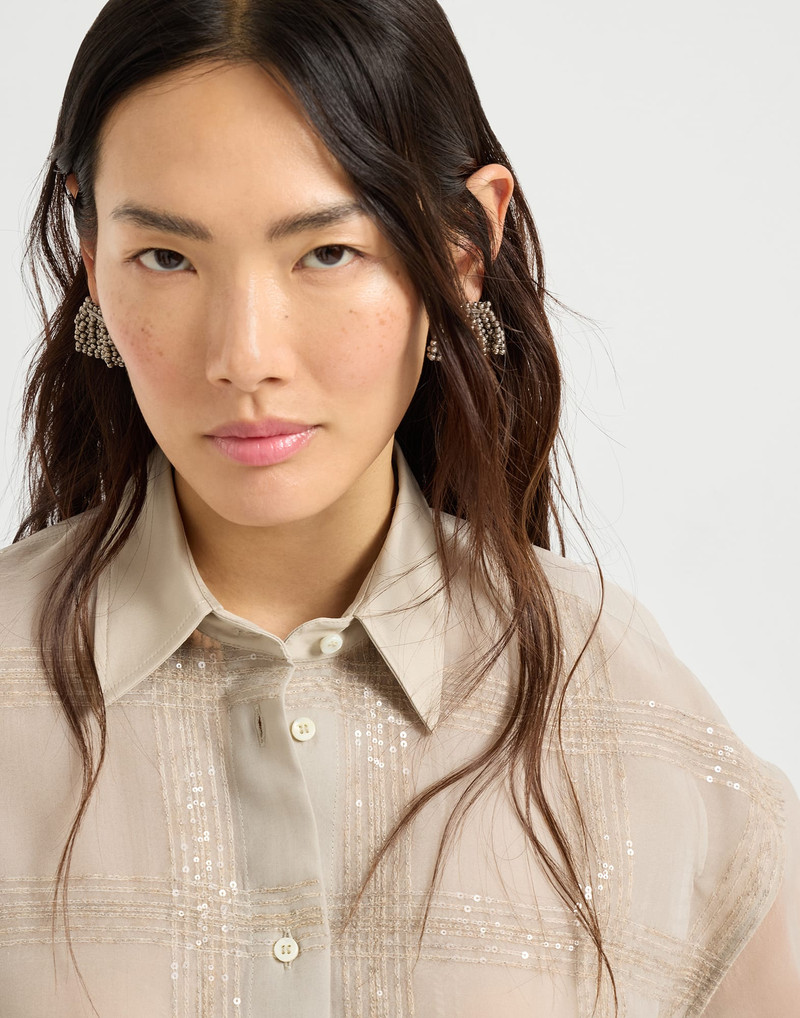 Crispy silk layered shirt with dazzling checks embroidery 3