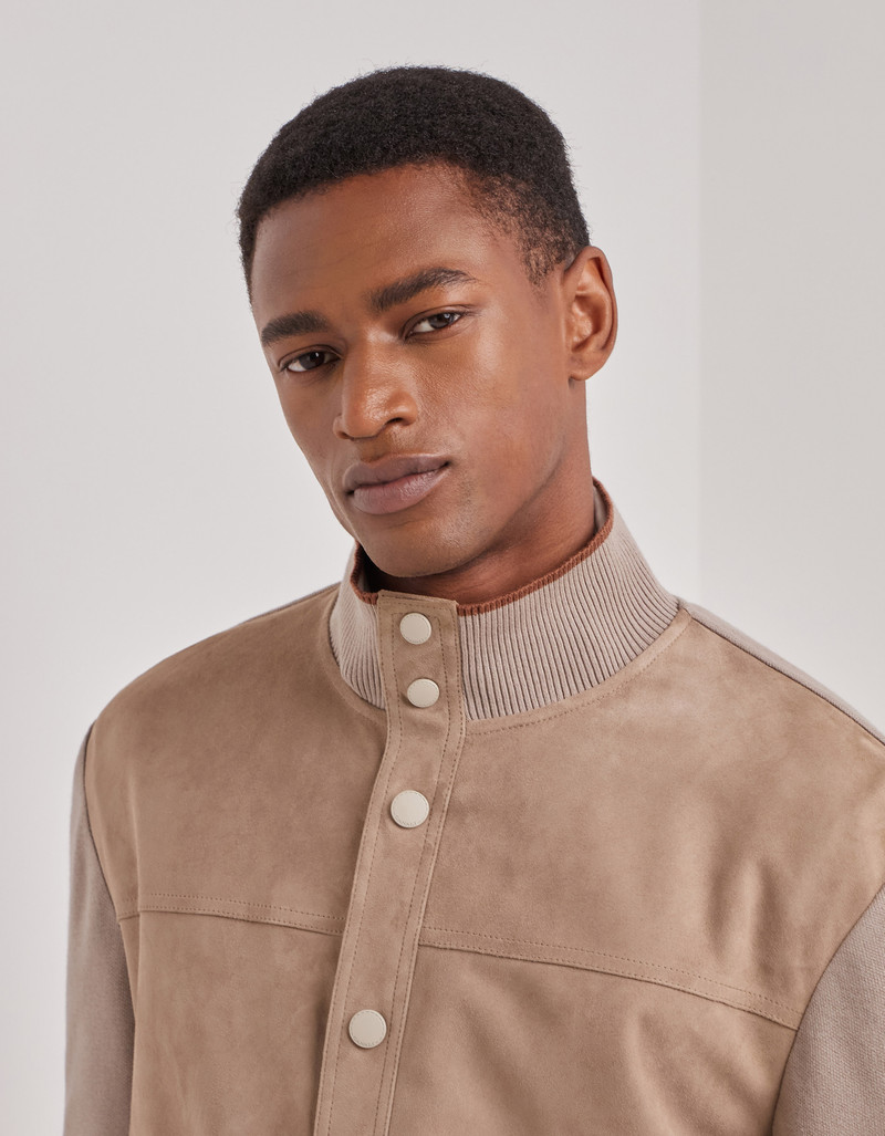 CARAMEL MIXED-MATERIAL ULTRALIGHT SUEDE BOMBER JACKET WITH KNIT INSERTS 5