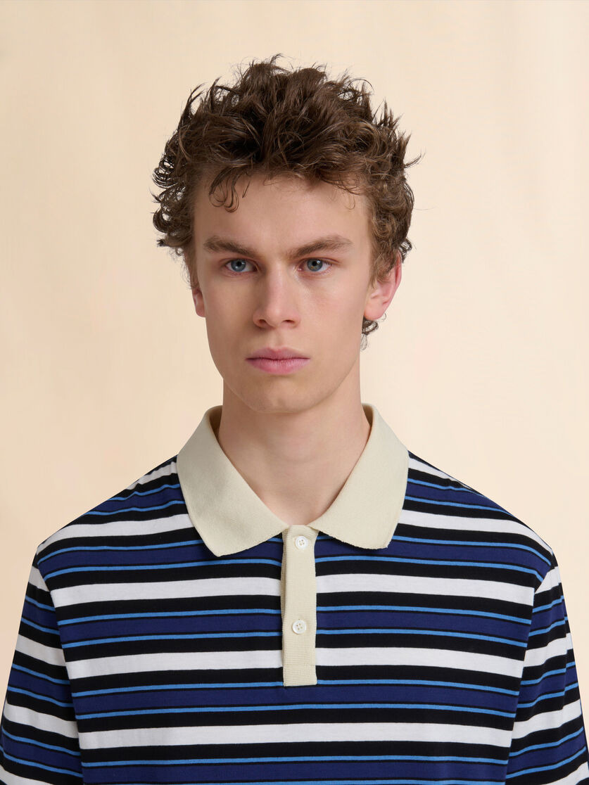 BLUE ORGANIC COTTON POLO SHIRT WITH STRIPED FRONT - 4