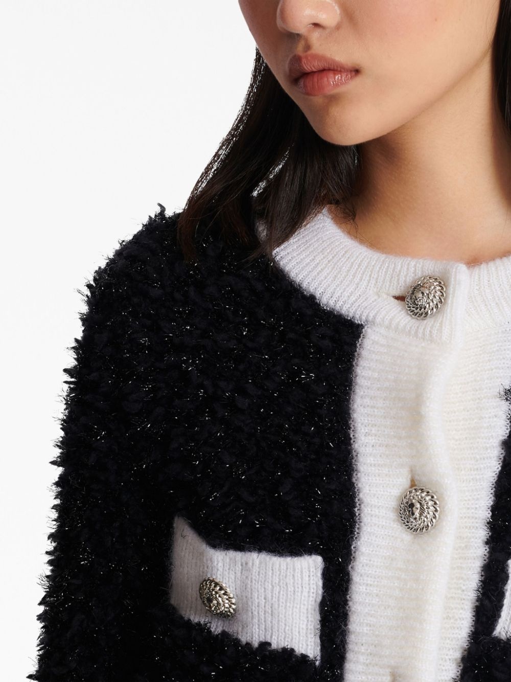 bouclÃ© contrasting-trim knitted cardigan - 7