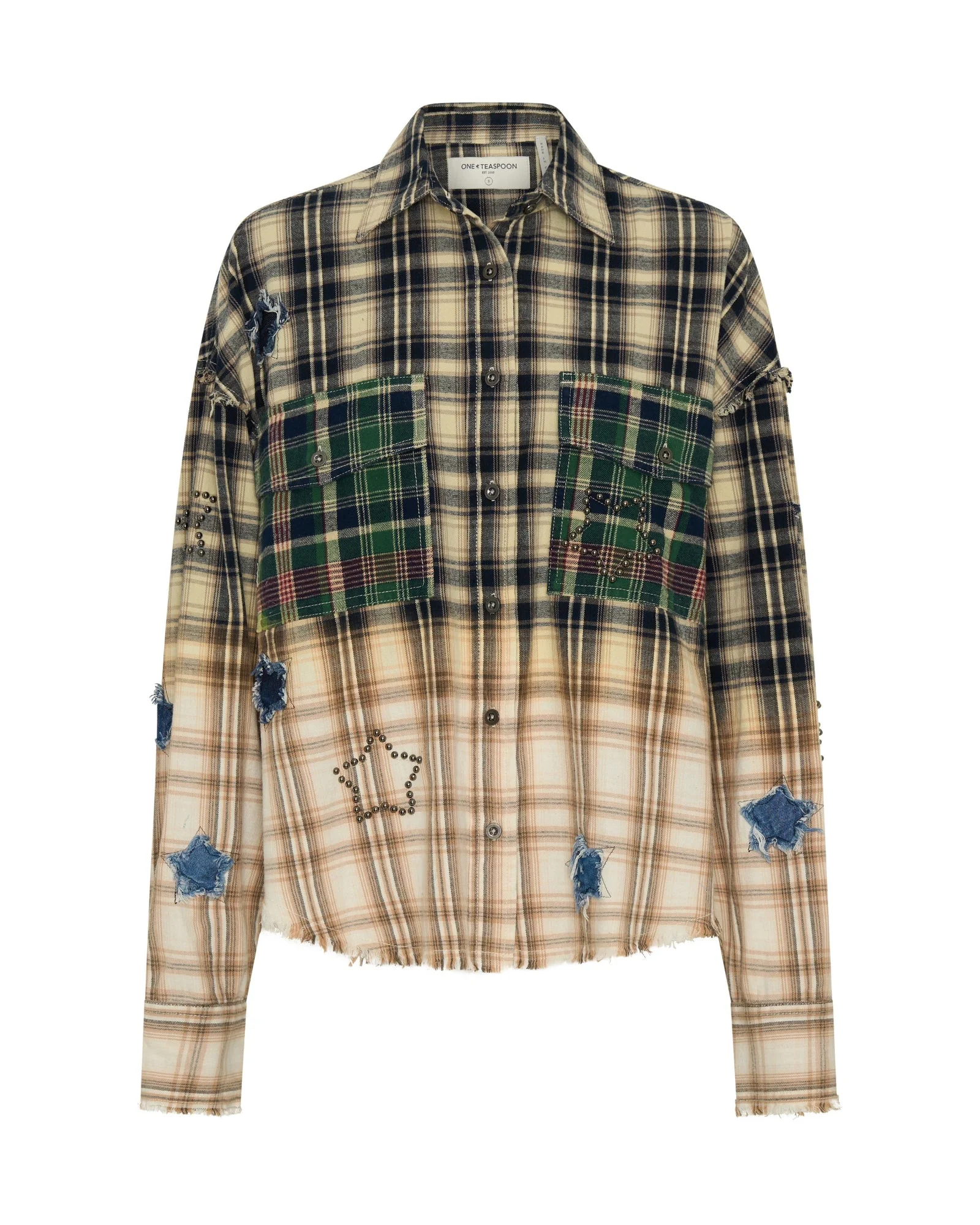 Flannel Star Studded Shirt - Cream Blue Check - 1