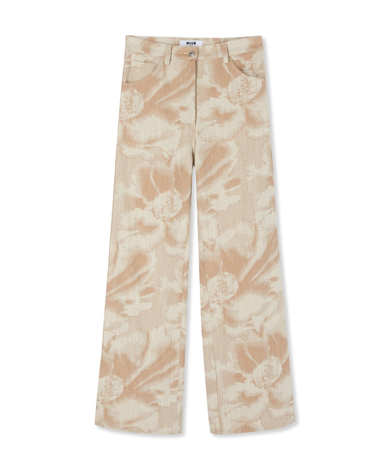 Jacquard fabric pants with 5 pockets and large daisy design 1