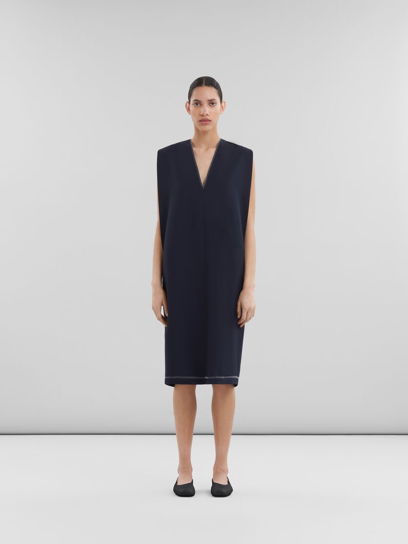 DEEP BLUE TROPICAL WOOL V-NECK DRESS - 2