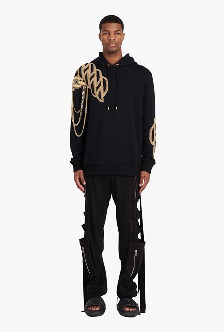 Black cotton sweatshirt with embroidered gold Balmain Paris logo - 4