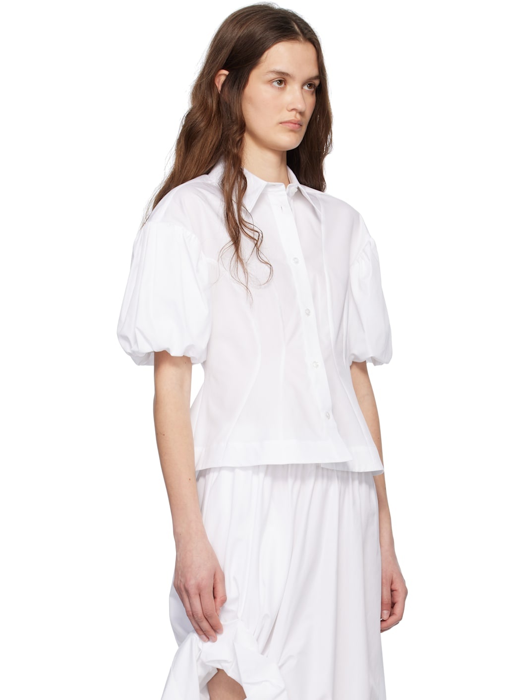 White Cropped Puff Sleeve Shirt - 2