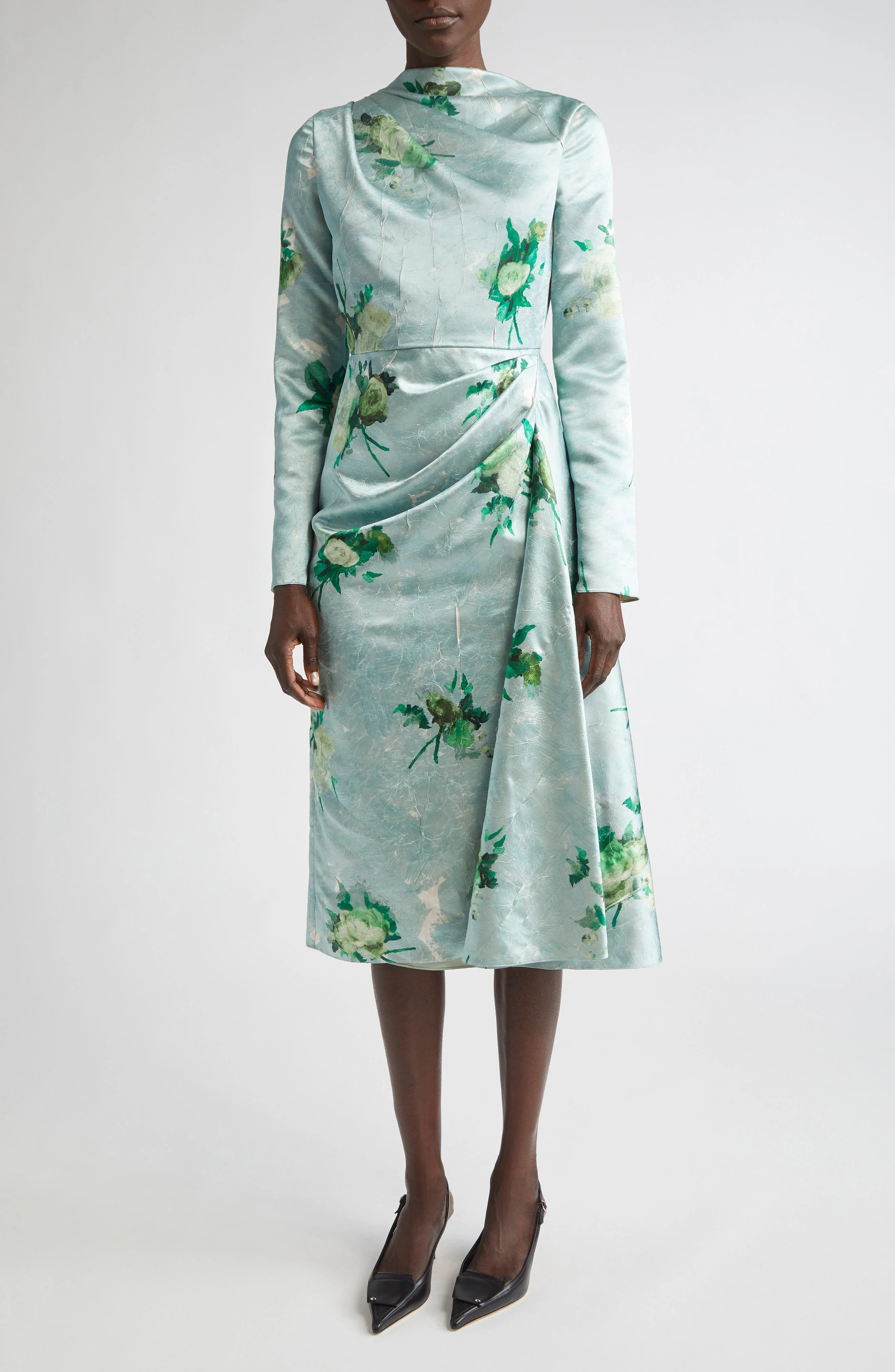 Erdem Abstract Rose Print Draped Long Sleeve Satin Midi Dress in Abstract Rose Eggshell at Nordstrom - 1