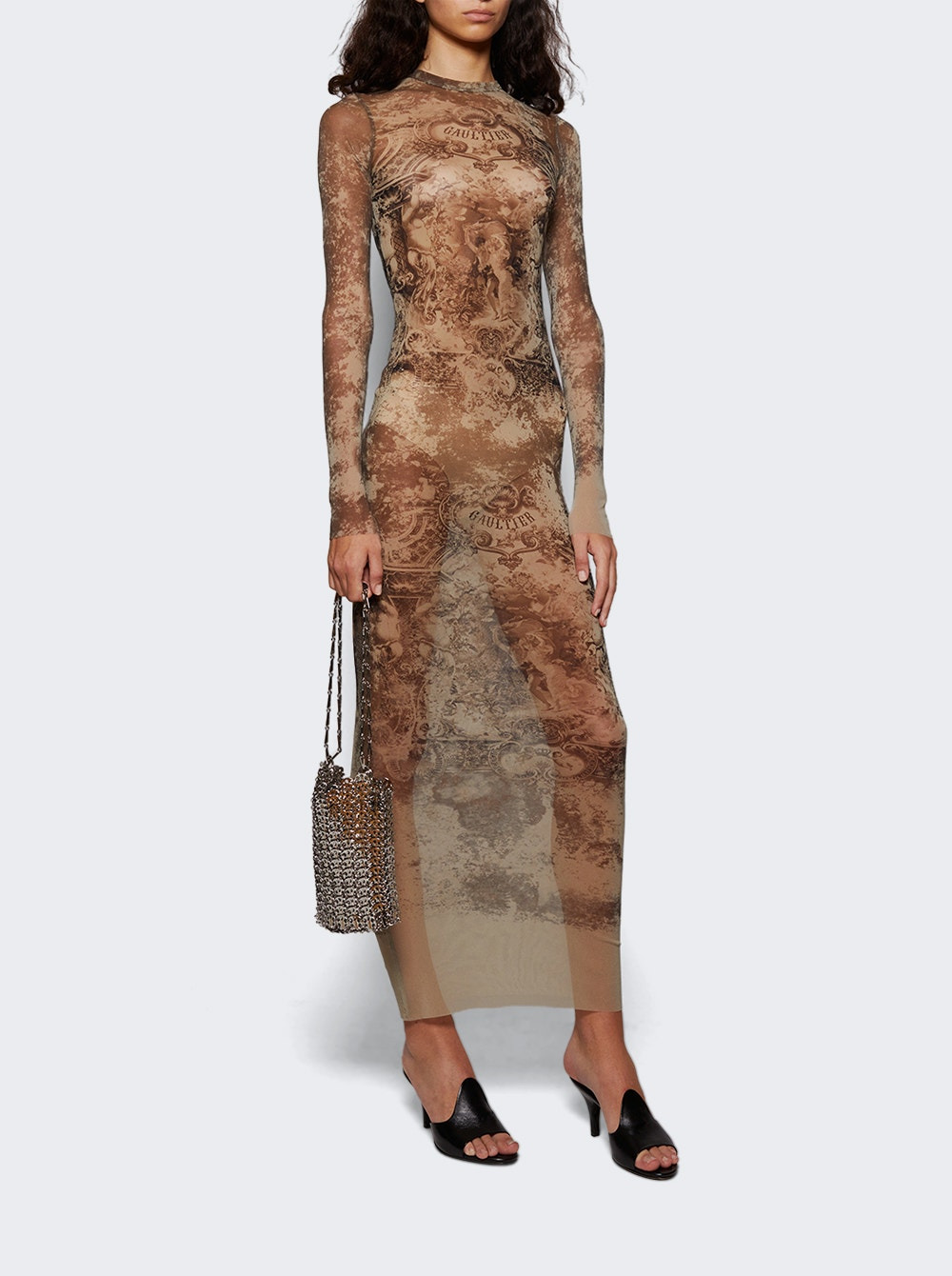 Long Mesh Dress Beige Médaillon Print - 2