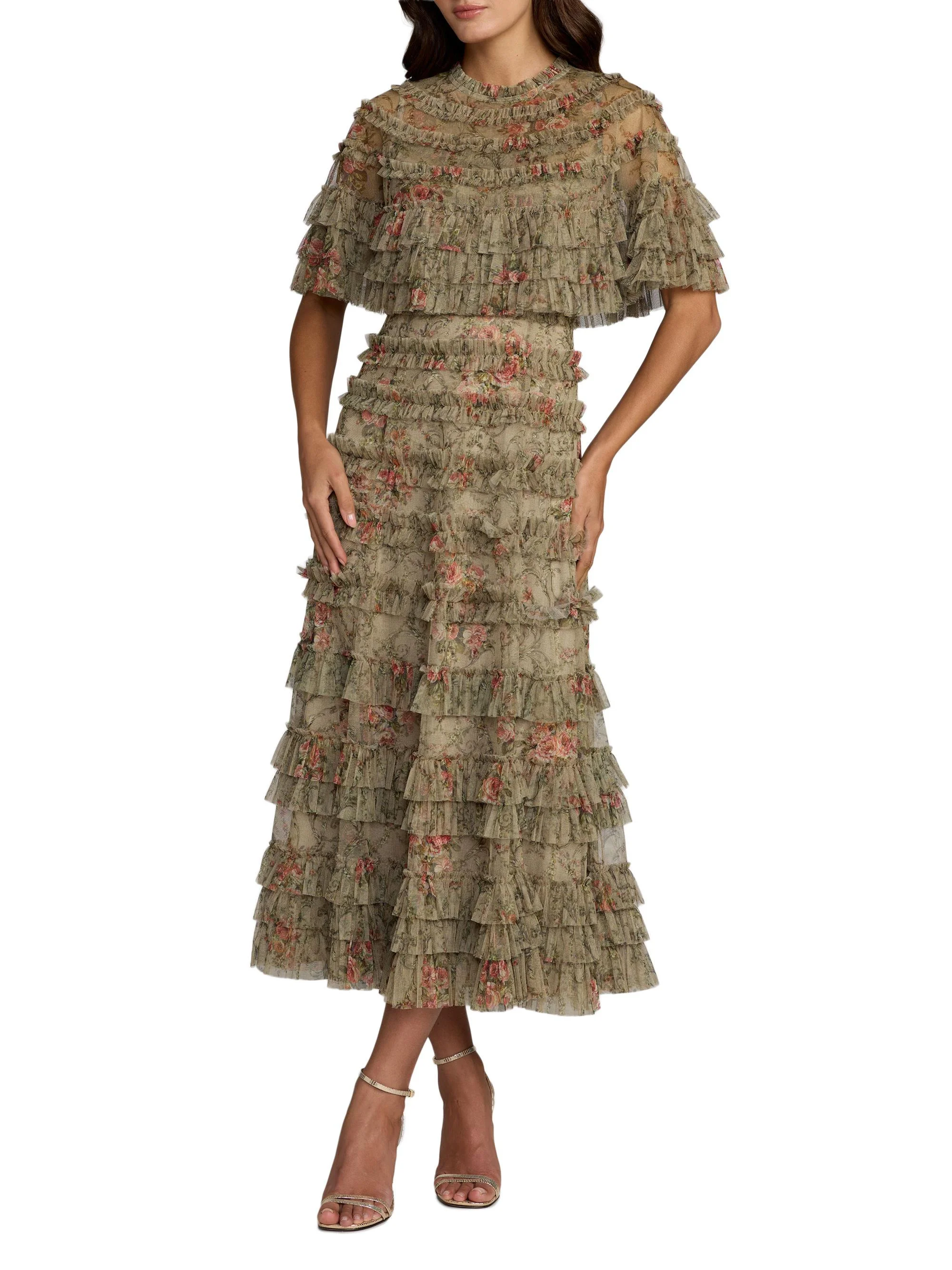Women's Floral Ruffled Mesh Cape Midi-Dress - Olive - 1