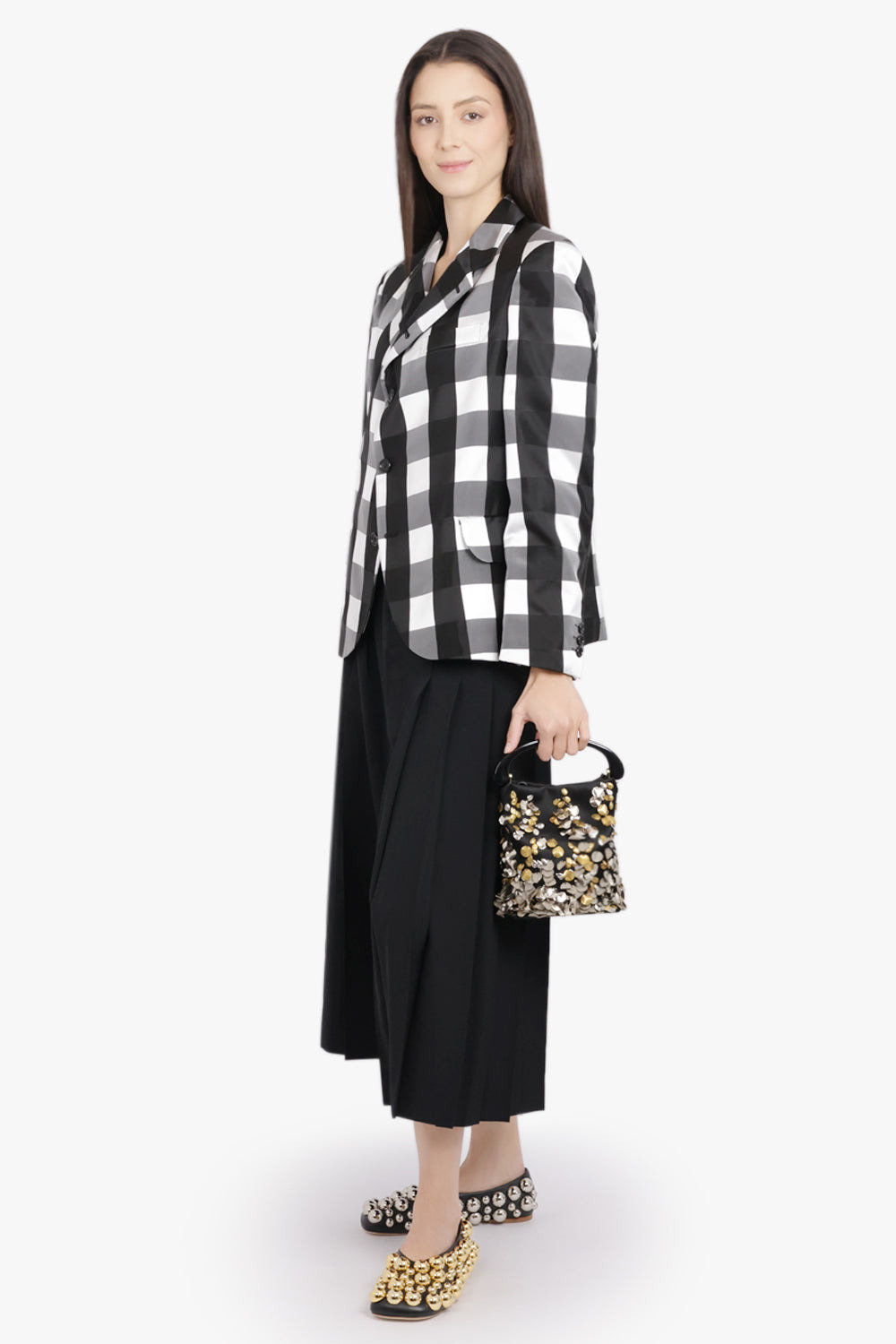 BIG CHECK PRINT TAILORED JACKET WITH CURVED FRONT | BLACK/WHITE - 2