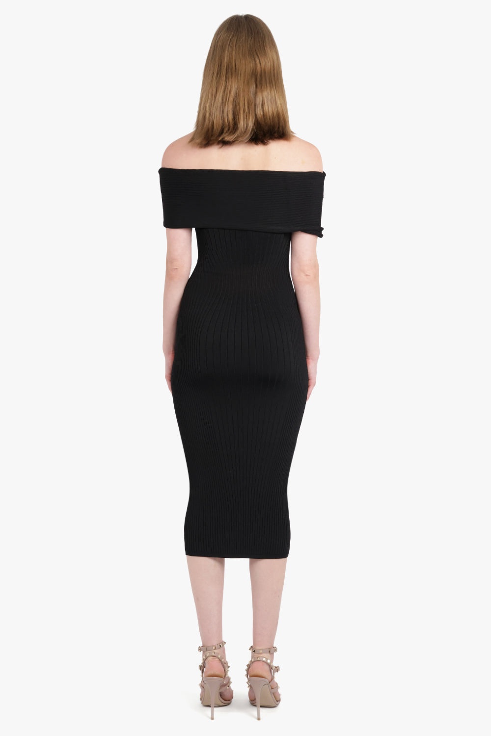 OFF SHOULDER SCULPTING KNIT MIDI DRESS | BLACK - 4