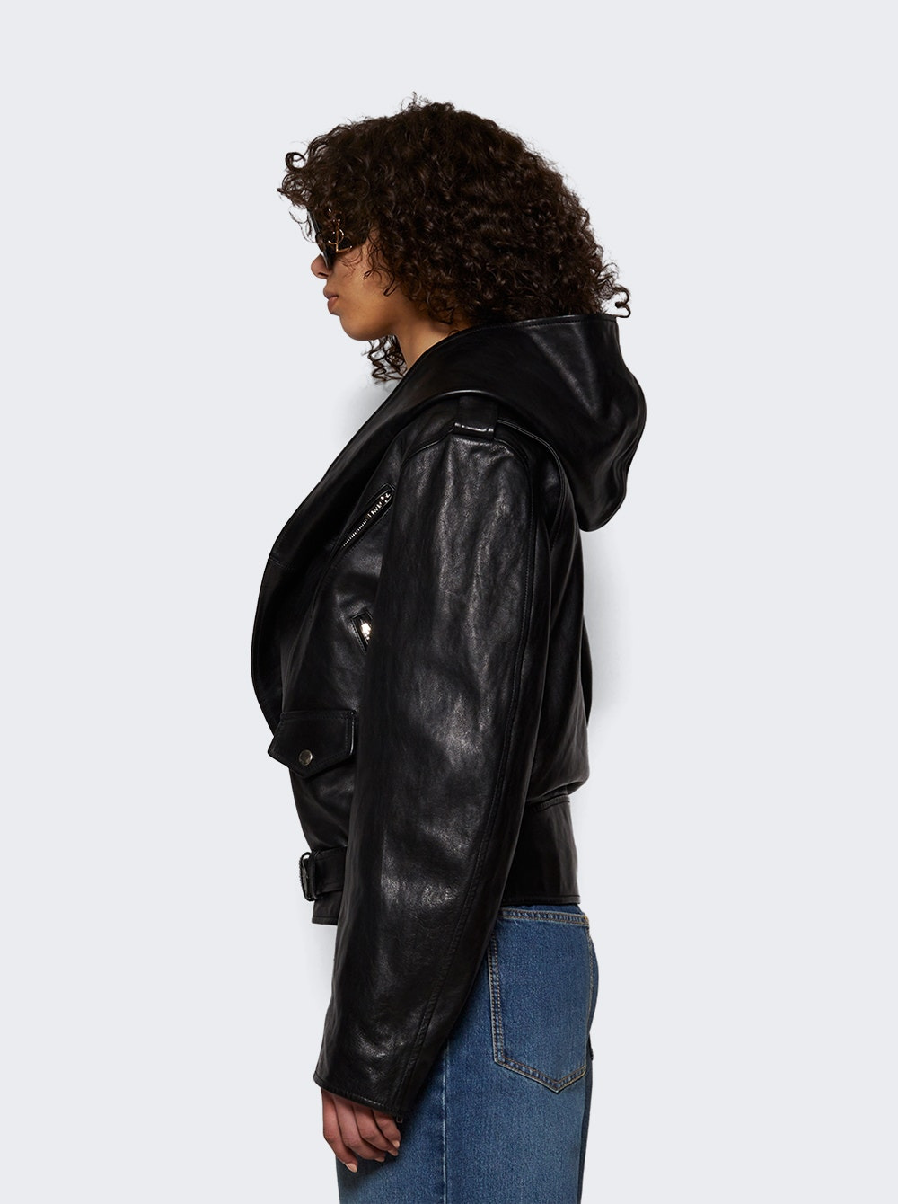 Leather Hooded Biker Jacket Black - 3