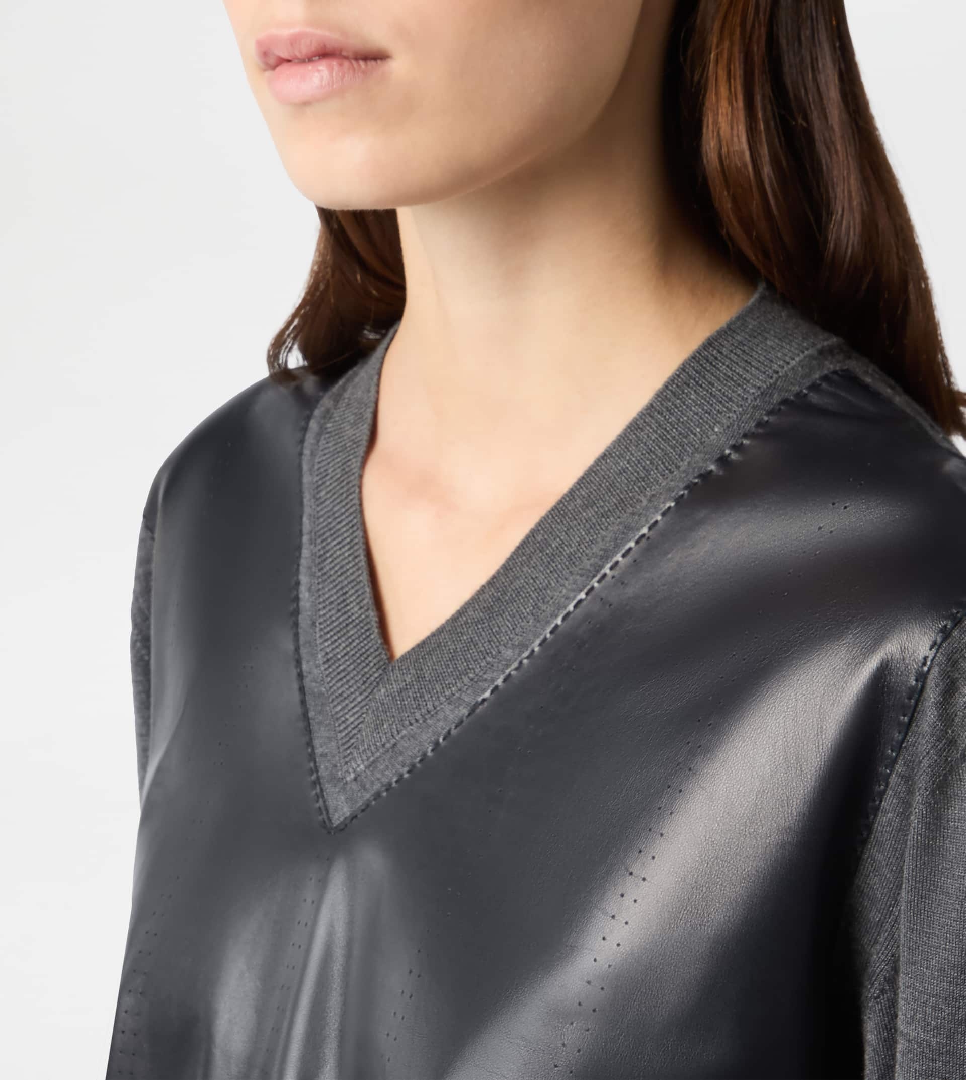 V-NECK PULLOVER WITH LEATHER INSERTS - GREY - 4