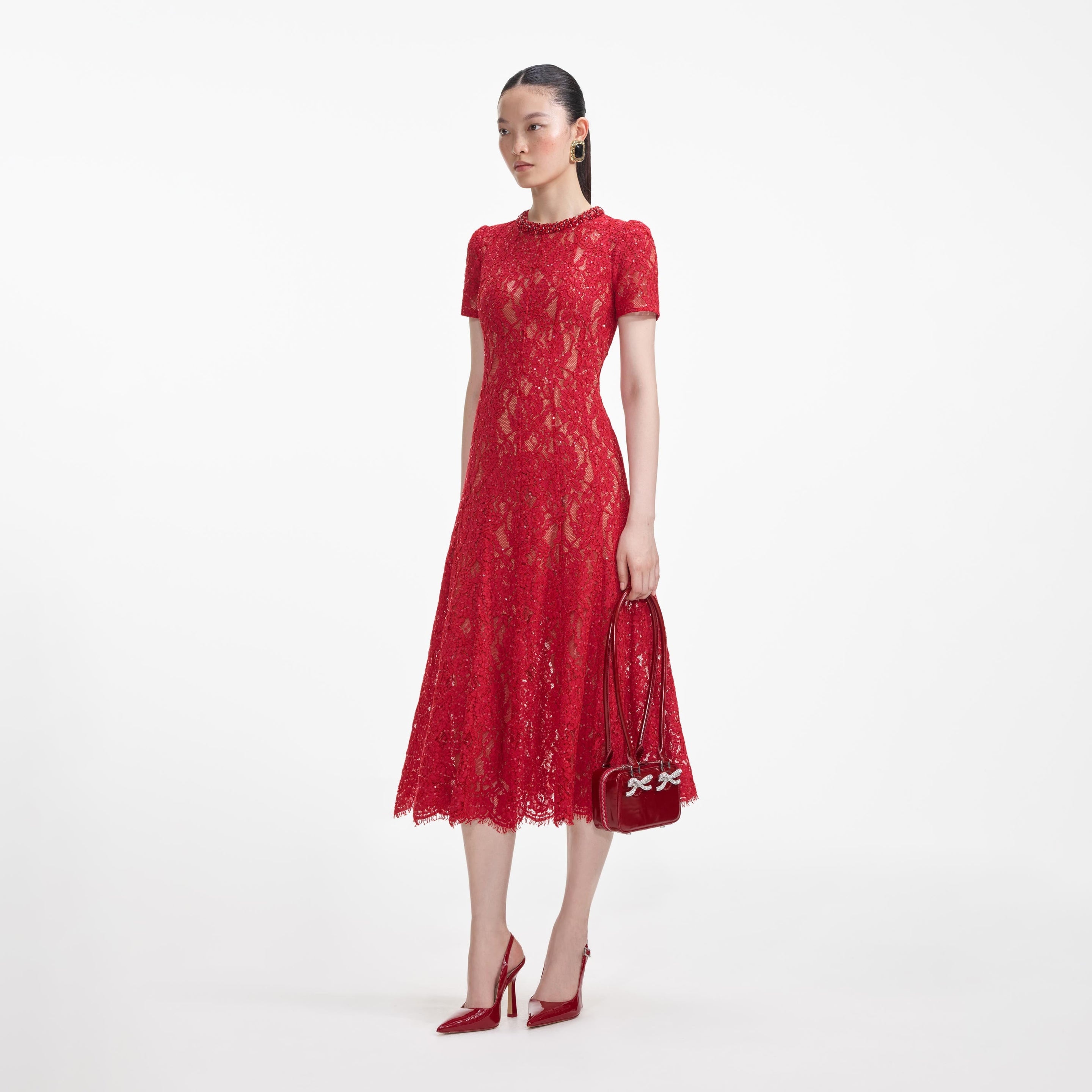 Red Sequin Lace Midi Dress - 2