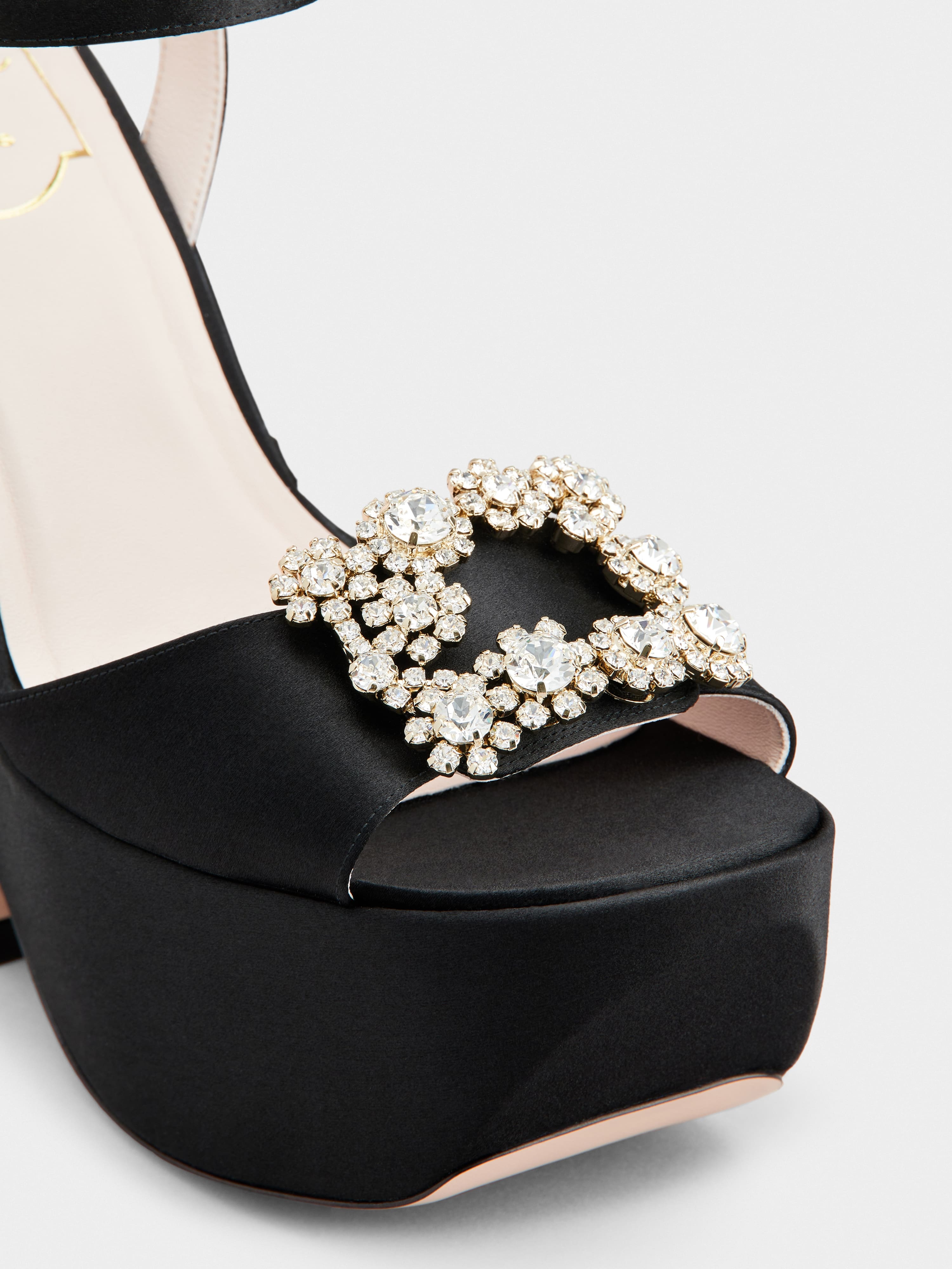 Roger Vivier Choc Flower Strass Wedge Sandals in Satin