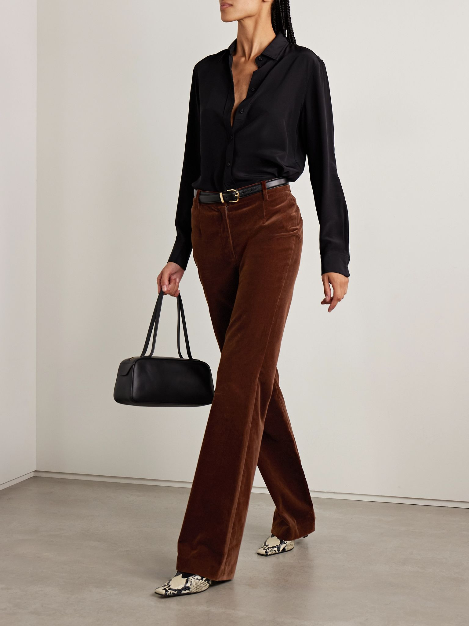 Corette cotton-blend velvet straight-leg pants Brown - 2