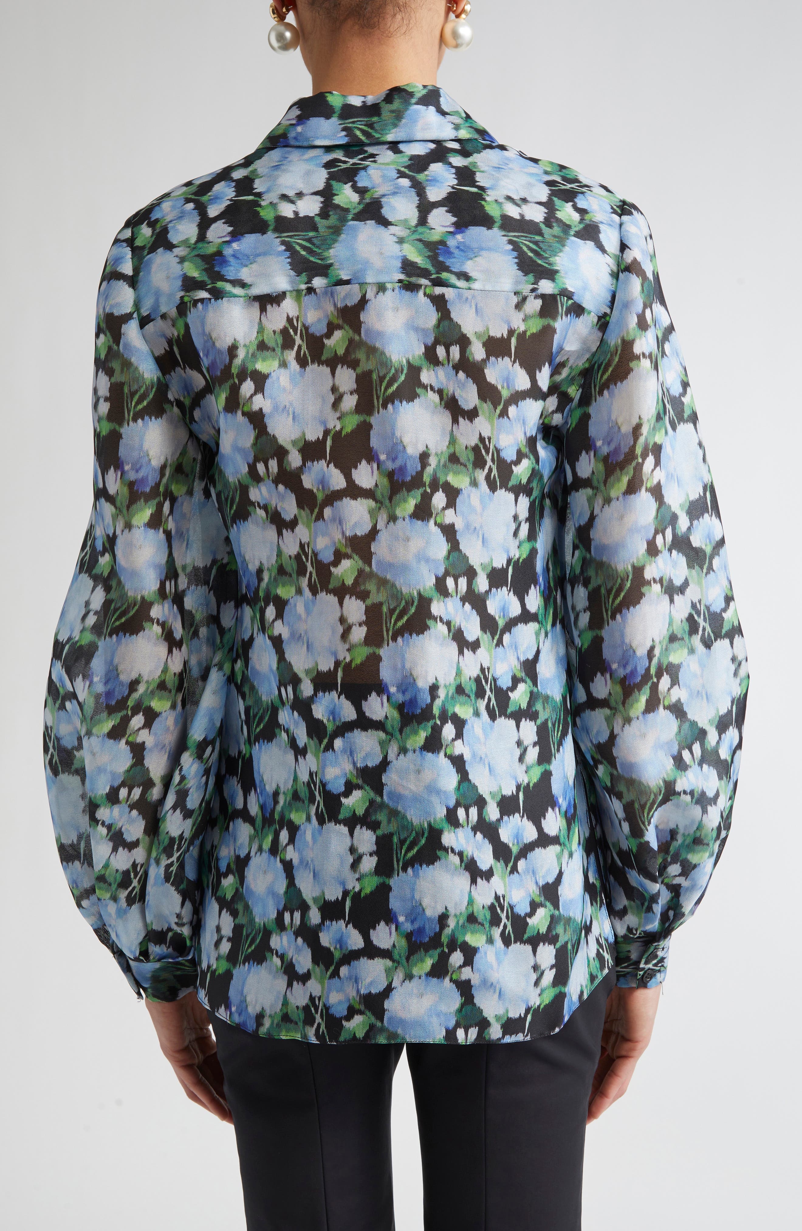 Carolina Herrera Peony Print Silk Organza Button-Up Shirt in Blue Multi at Nordstrom - 3