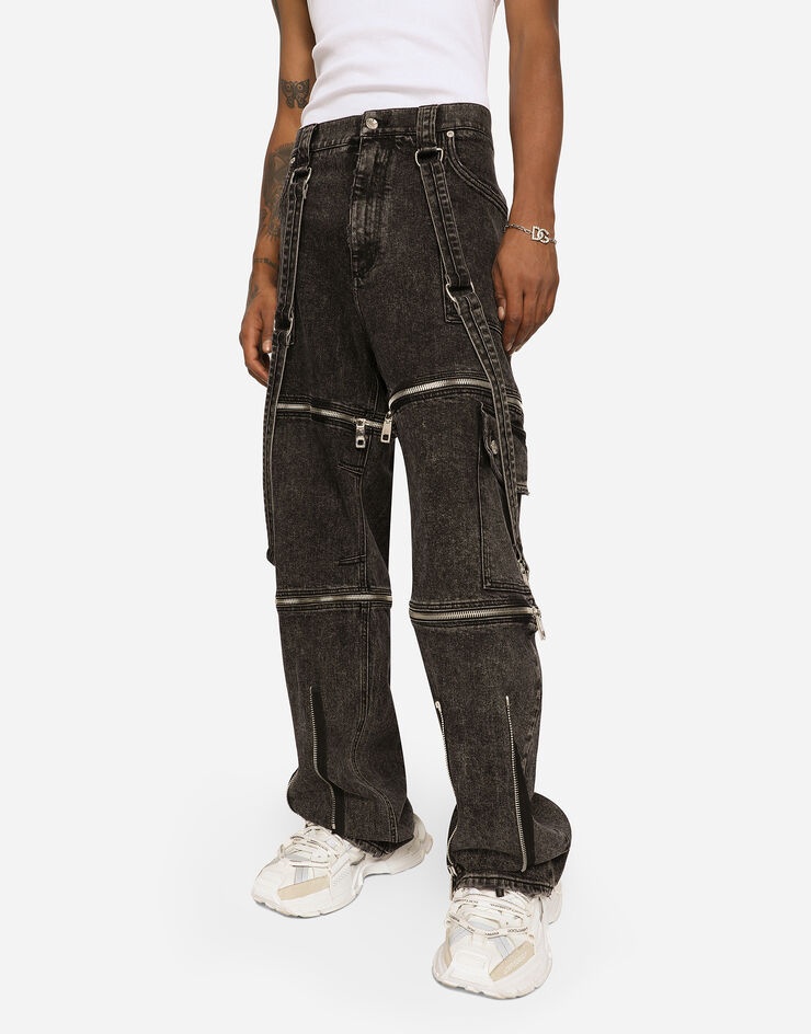 Light gray wash jeans with braces - 4