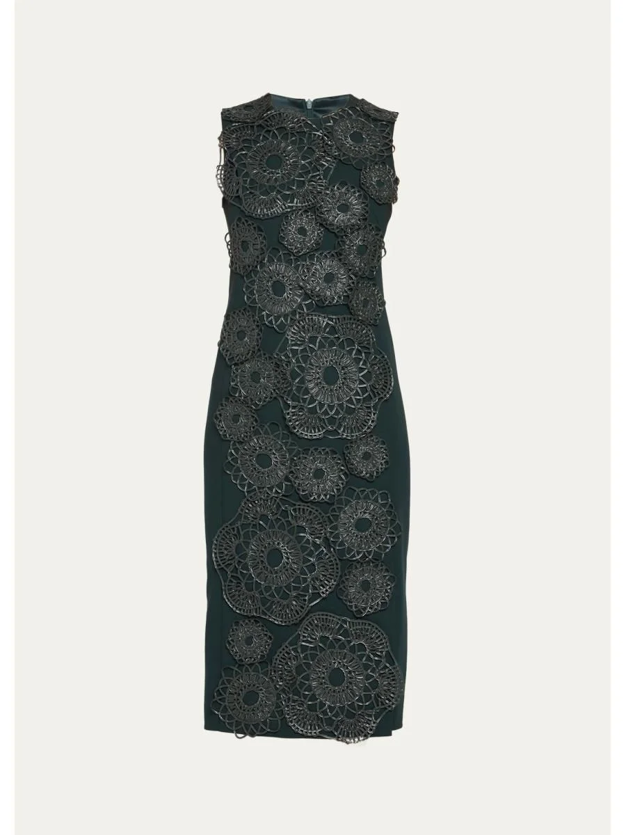 Anemone Embroidered Silk Crêpe Midi Sheath Dress - 1