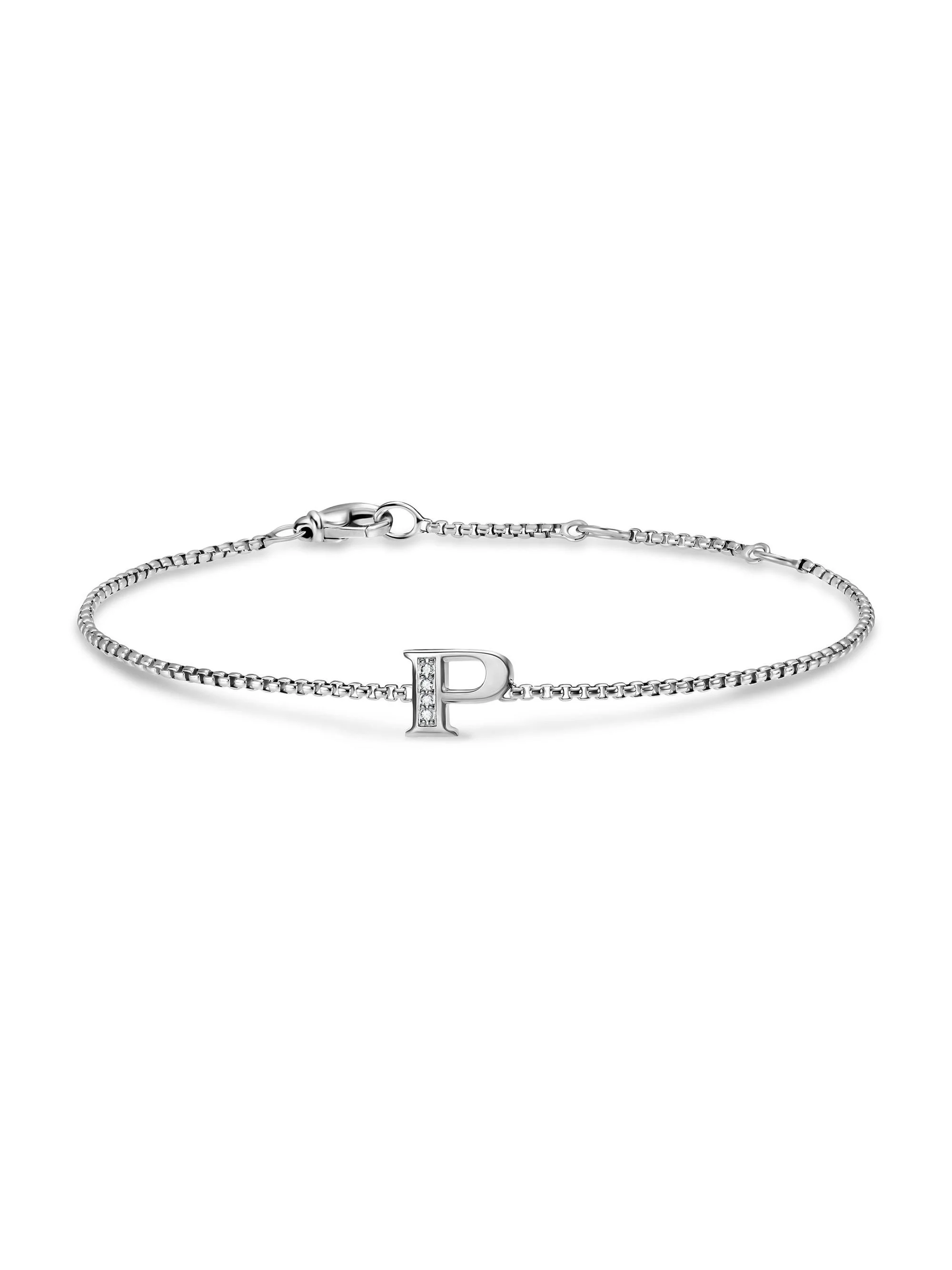 Women's Petite Initial Chain Bracelet in Sterling Silver - Diamond P - 1
