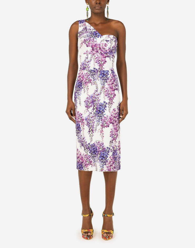 Wisteria-print one-shoulder calf-length cady dress - 1