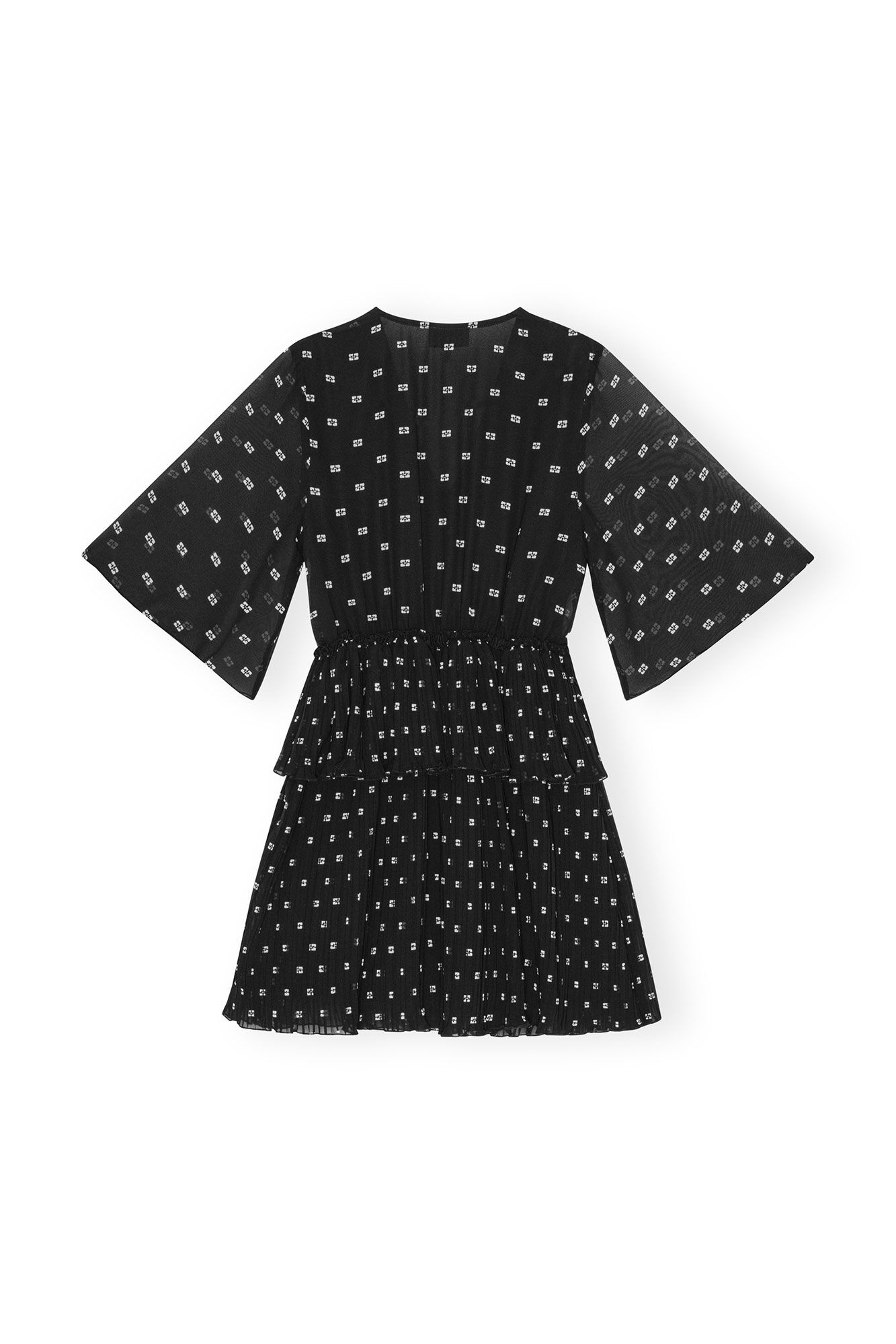 BLACK PLEATED GEORGETTE V-NECK FLOUNCE MINI DRESS - 6