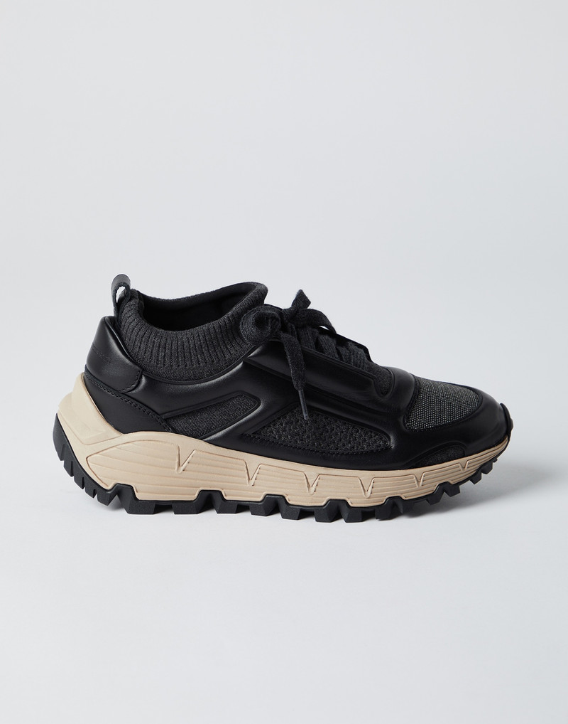 Matte calfskin and cotton knit trek runners with precious toe 1