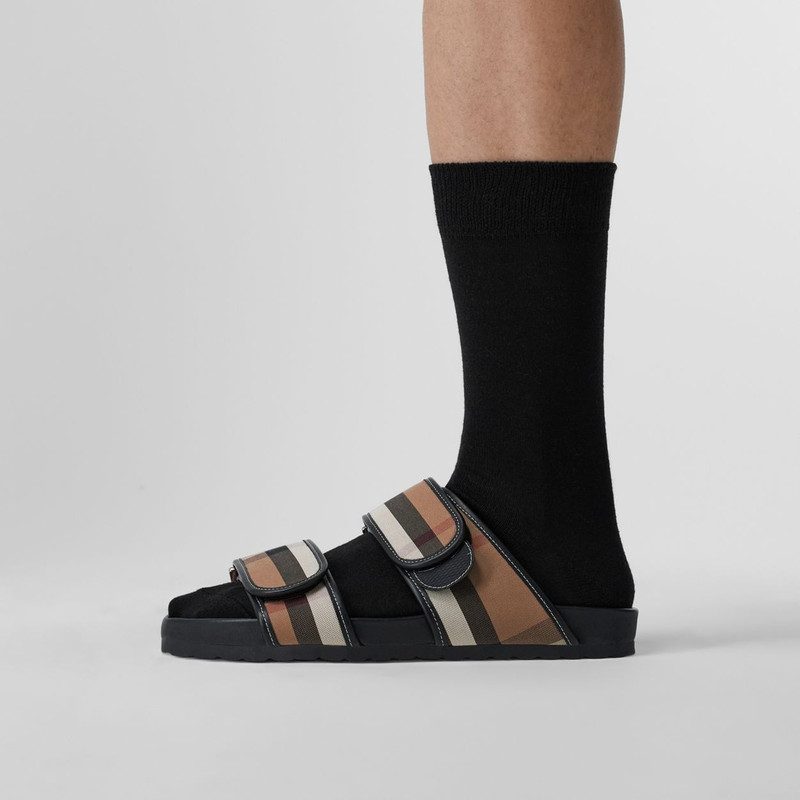 Check Cotton and Leather Sandals 4