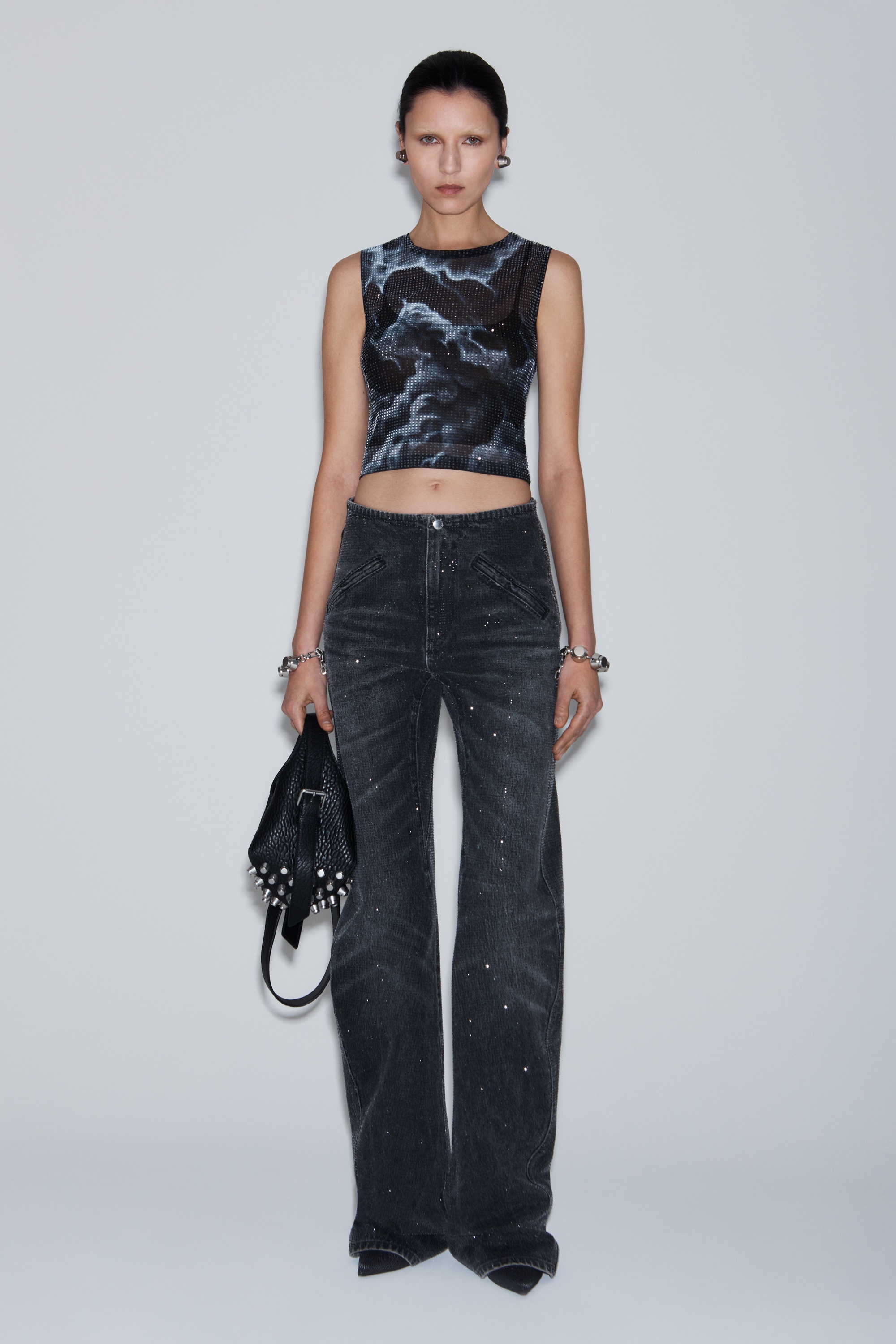 crystal hotfix cloud-print tank in organza jersey - 4