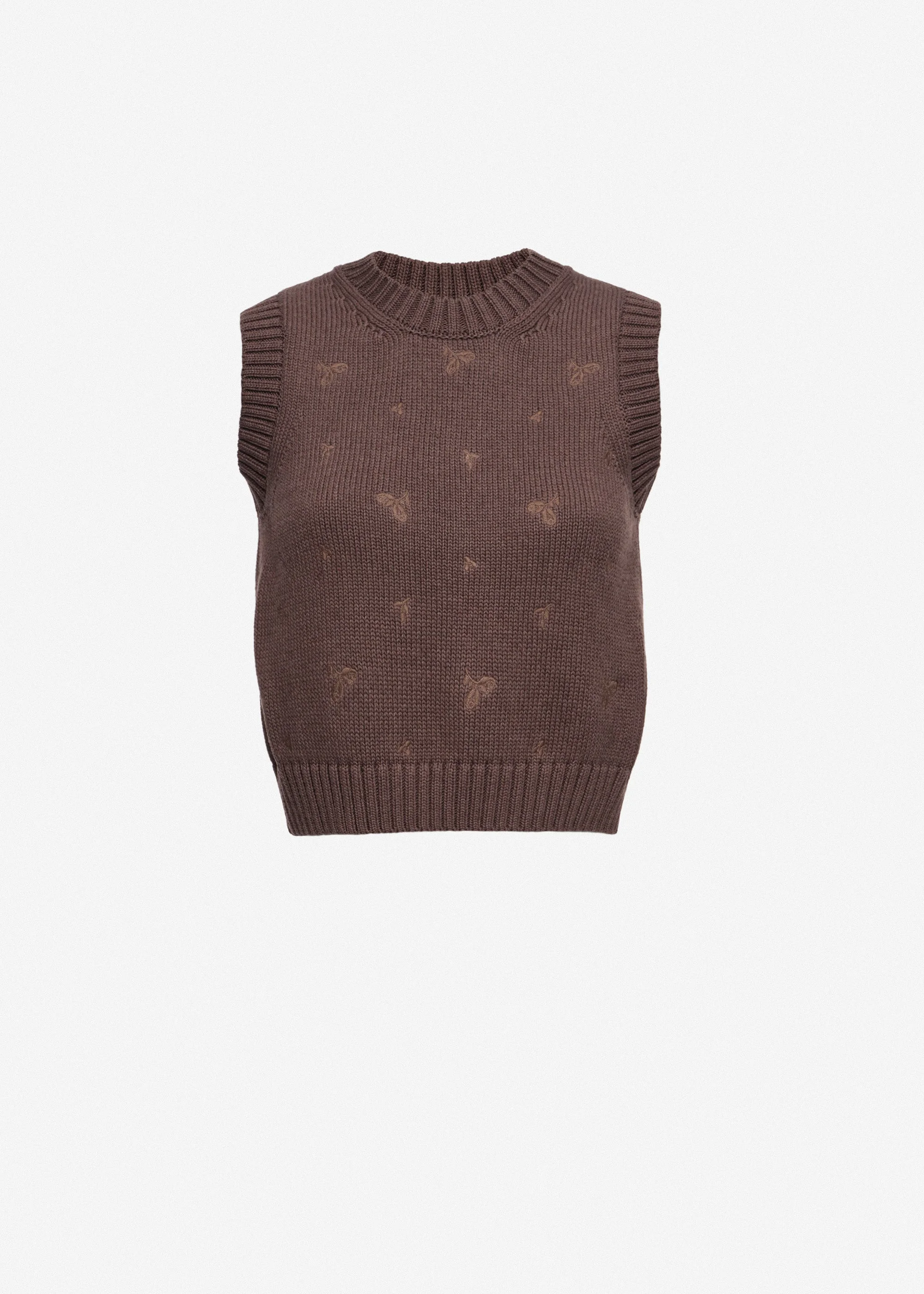 Cotton turtleneck vest with embroidered roses in brown - 1