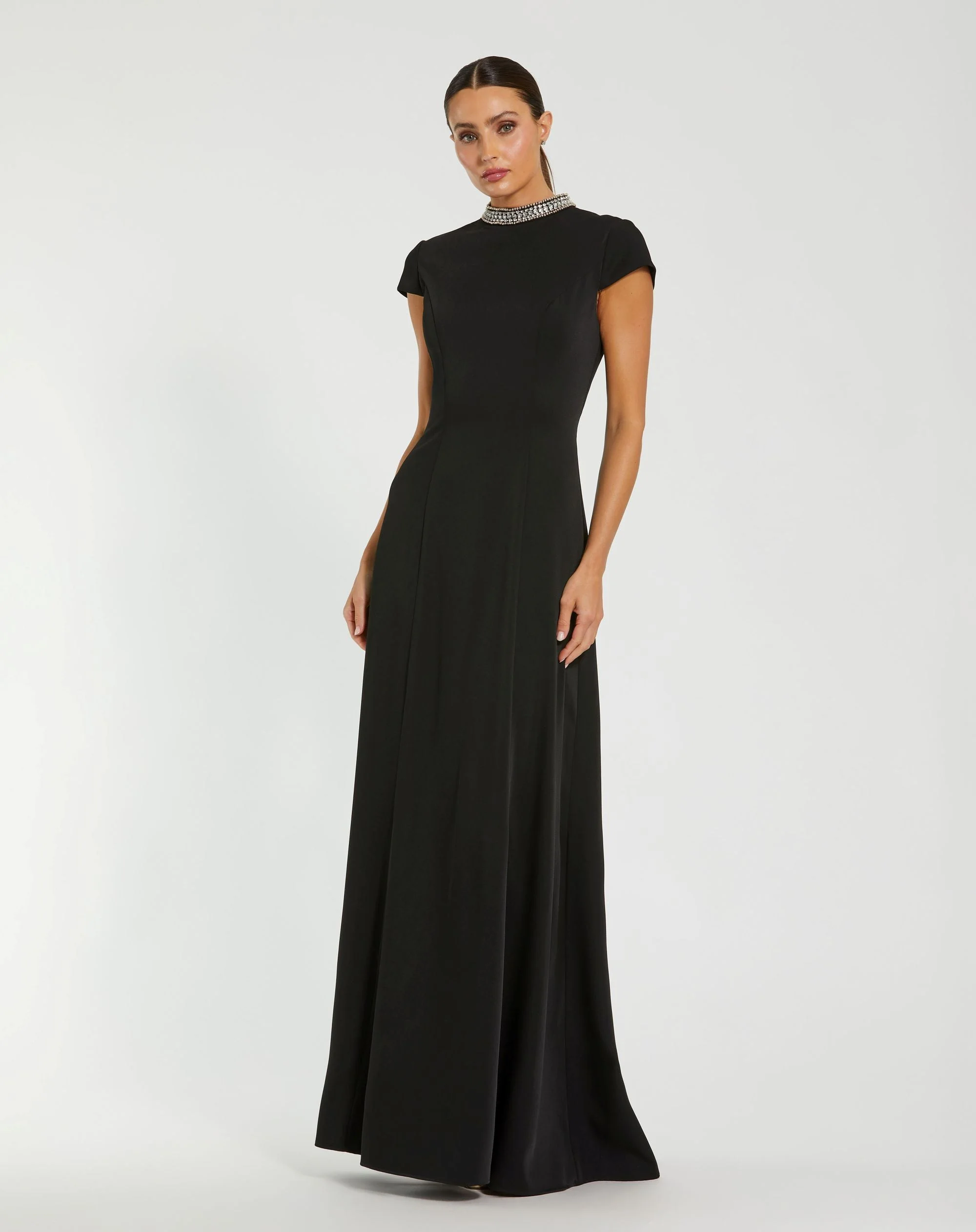 Black Cap Sleeve Gown With Embellished Neckline - 1