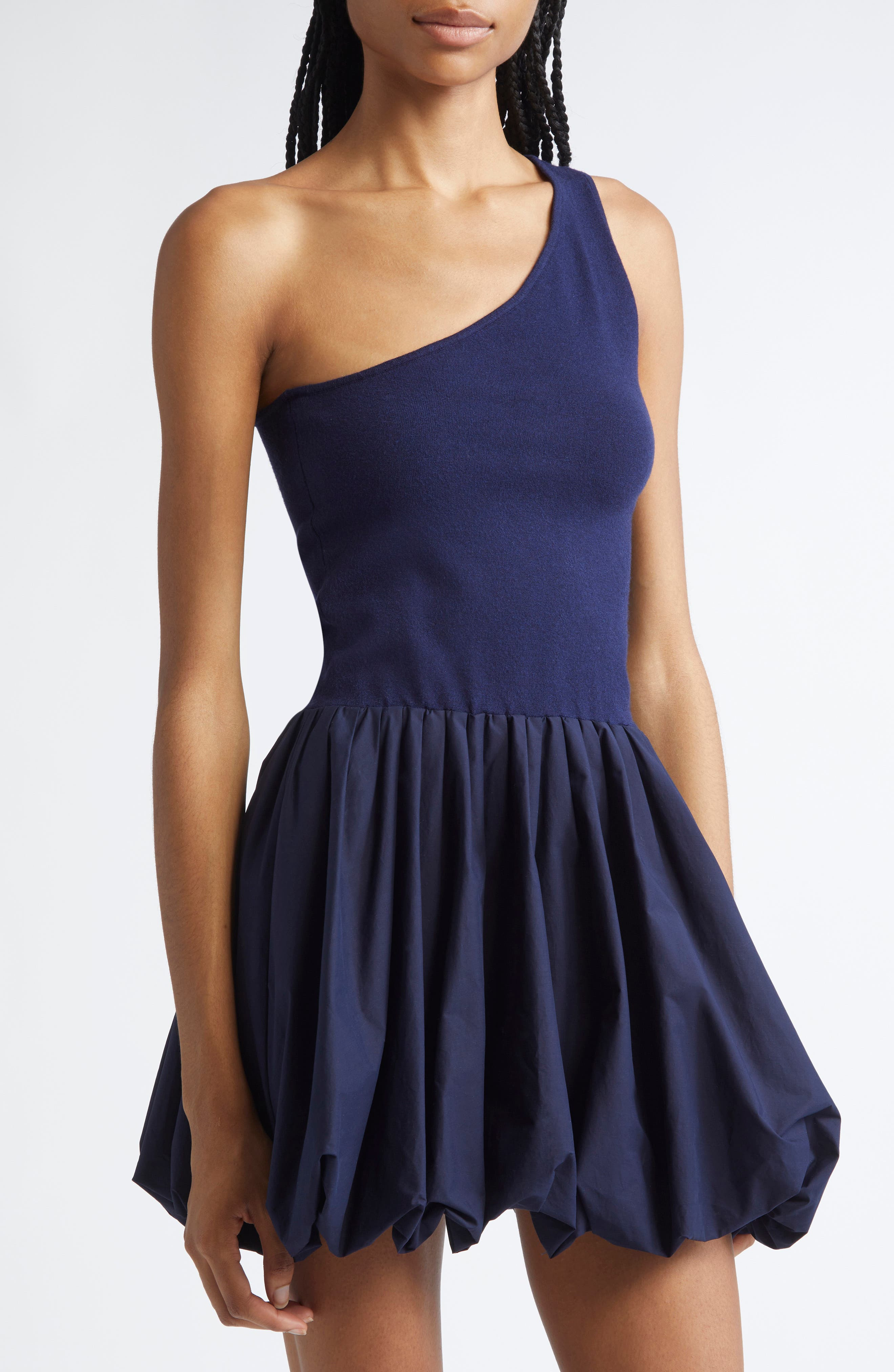 Derek Lam 10 Crosby Calla One-Shoulder Bubble Hem Mixed Media Dress in Navy at Nordstrom - 4