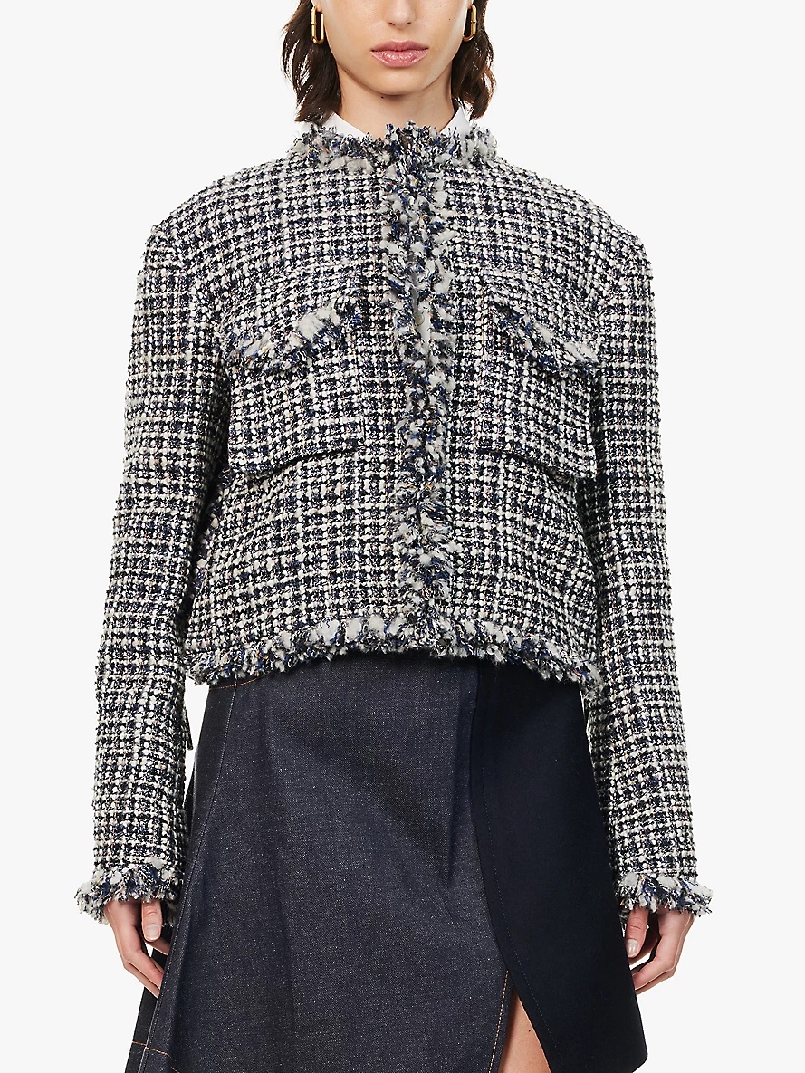 Collarless down-fill wool-blend tweed jacket - 3