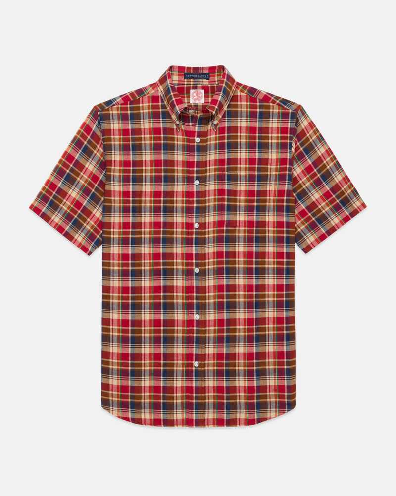 J. PRESS RED, NAVY & TAN MADRAS BUTTON DOWN SHORT SLEEVE SHIRT outlook