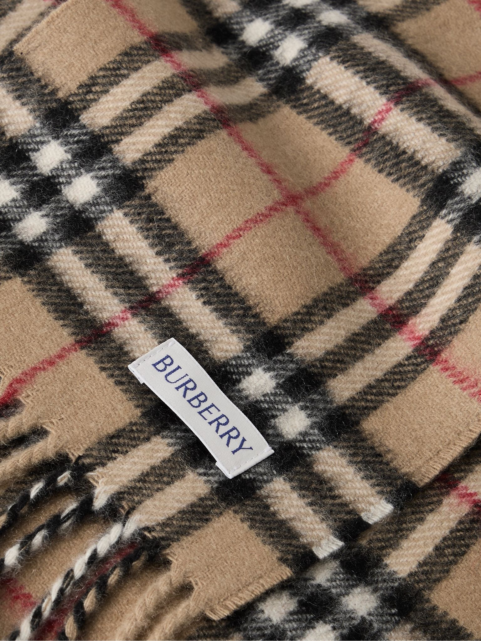 Fringed Checked Cashmere Scarf Tan - 3