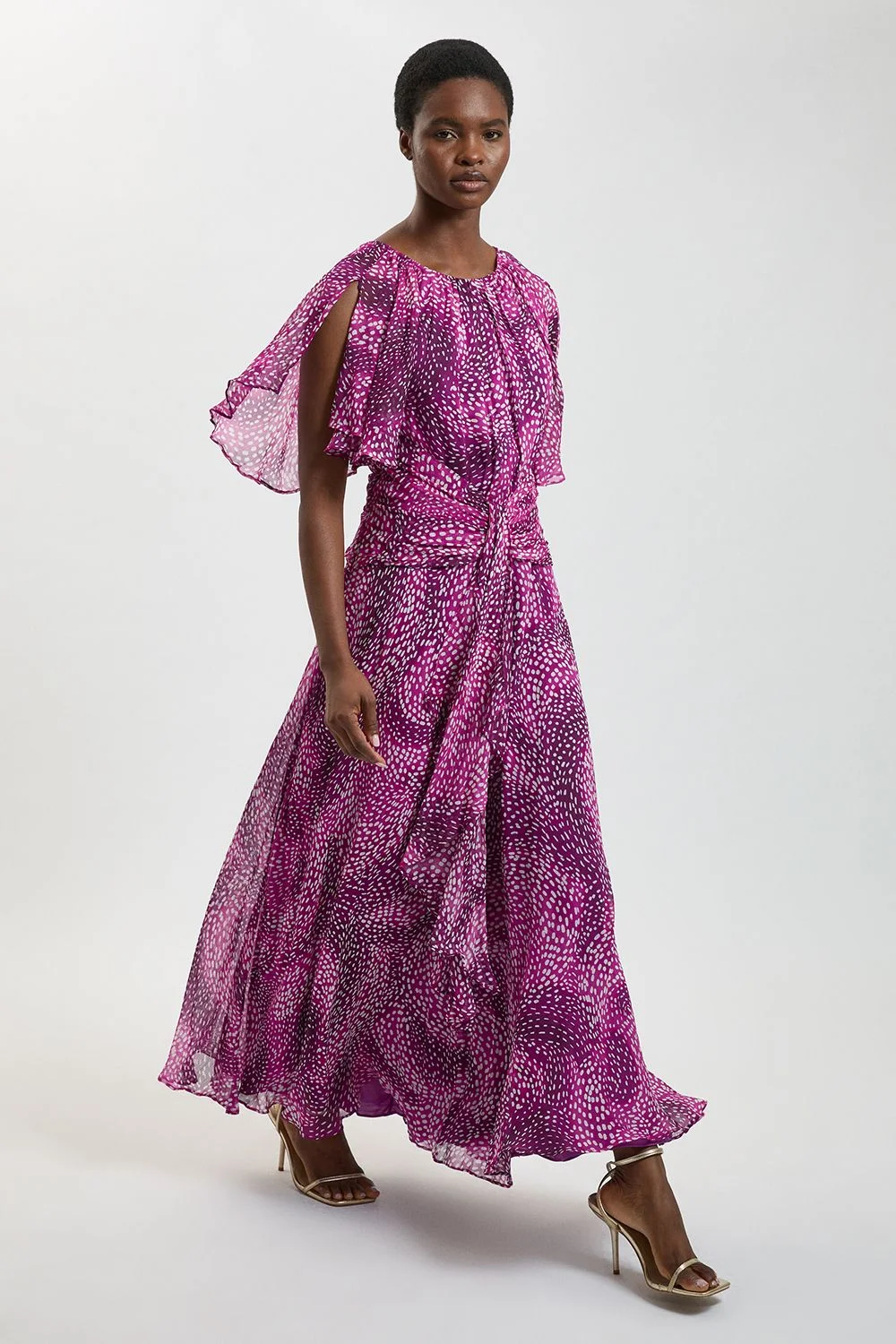 Spot Print Viscose Georgette Cape Sleeve Ruffle Woven Maxi Dress - 1