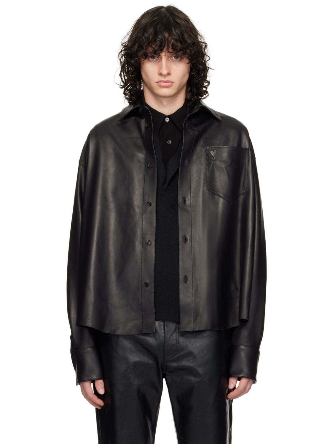 Black Embossed Leather Jacket - 1