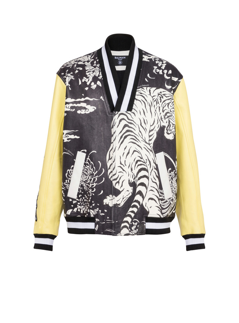 Leather varsity jacket with Tiger print 1