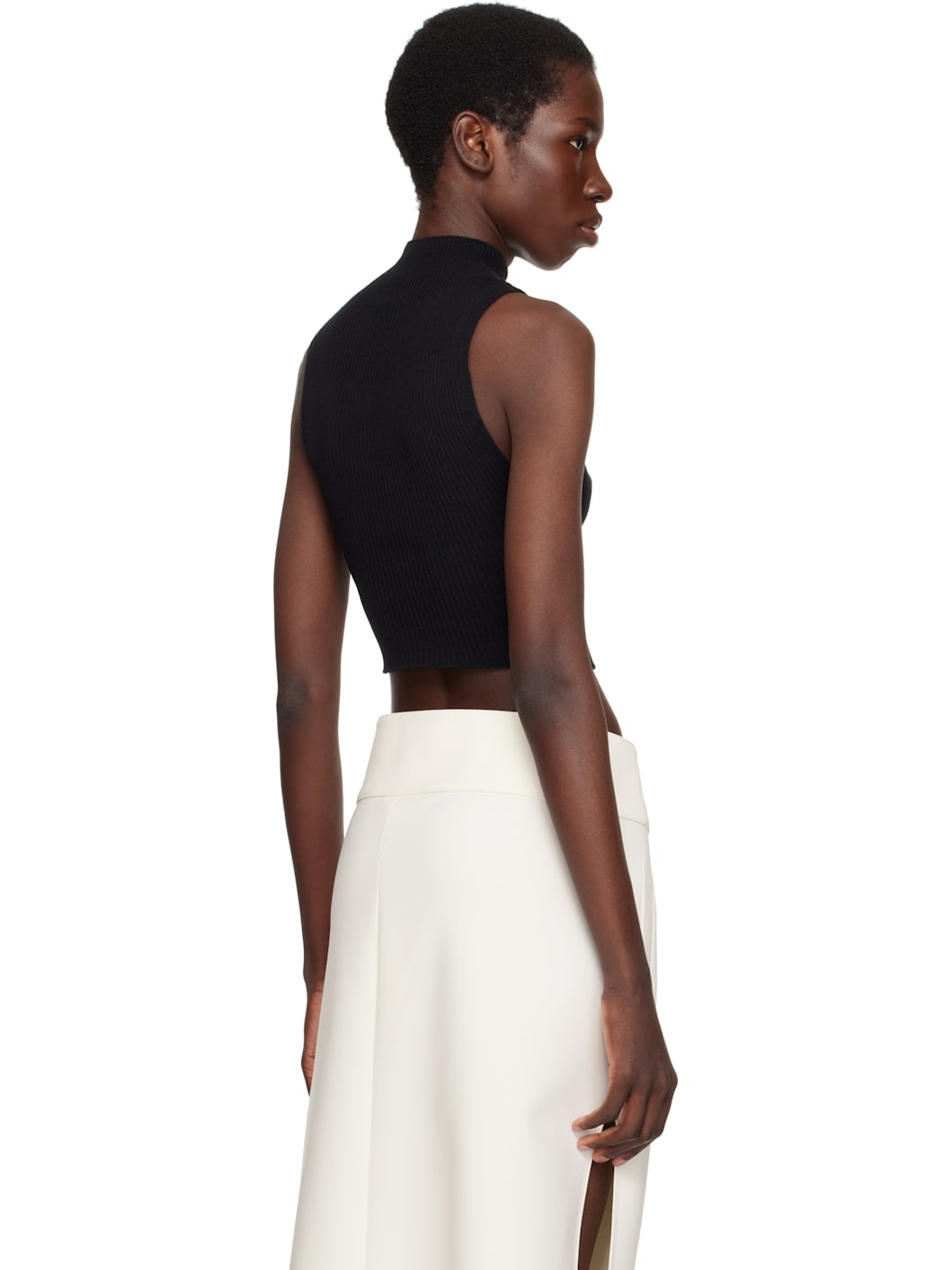 Black Mockneck Light Rib Cropped Tank Top - 3