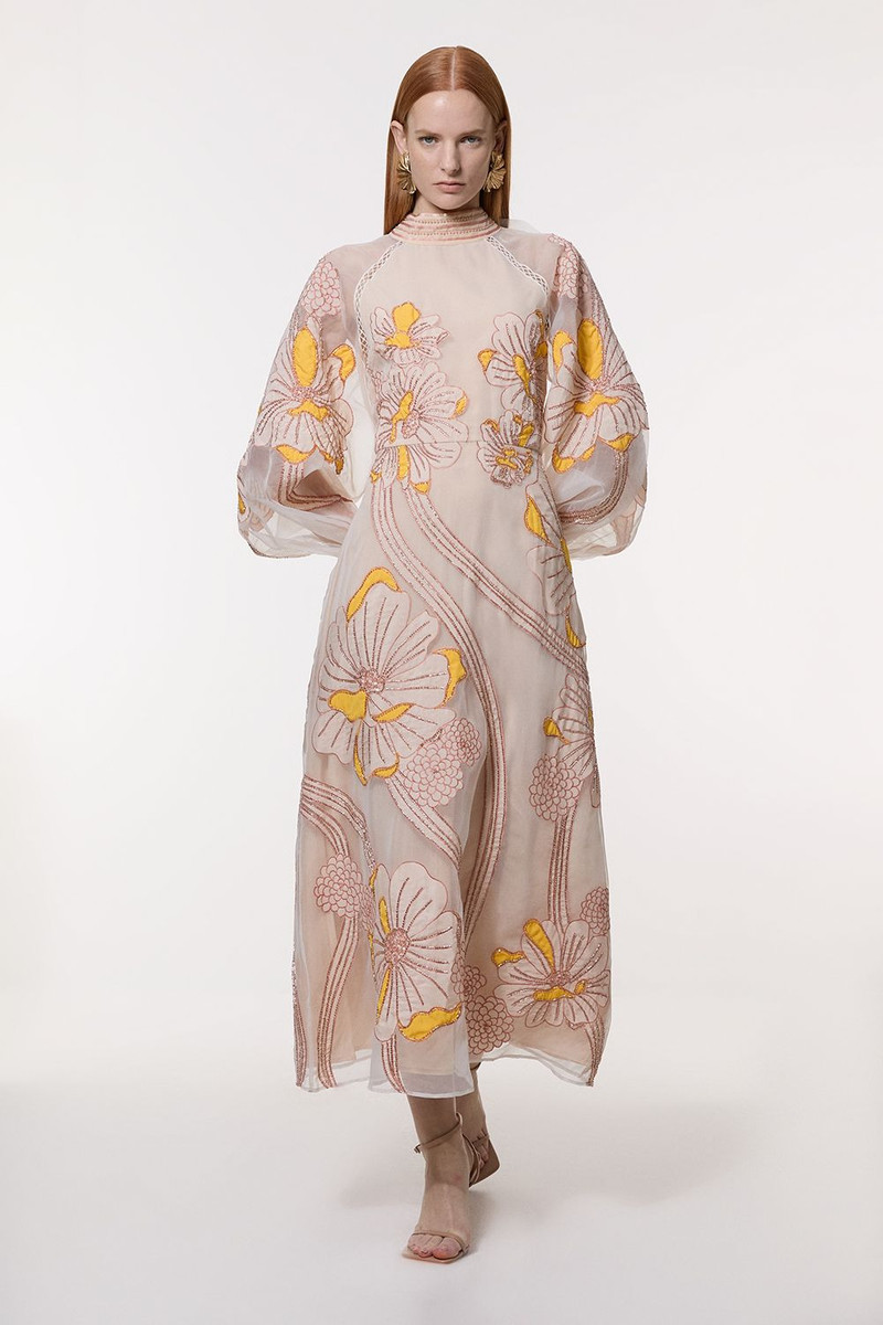 Applique Organdie Floral Graphic Woven Maxi Dress 1