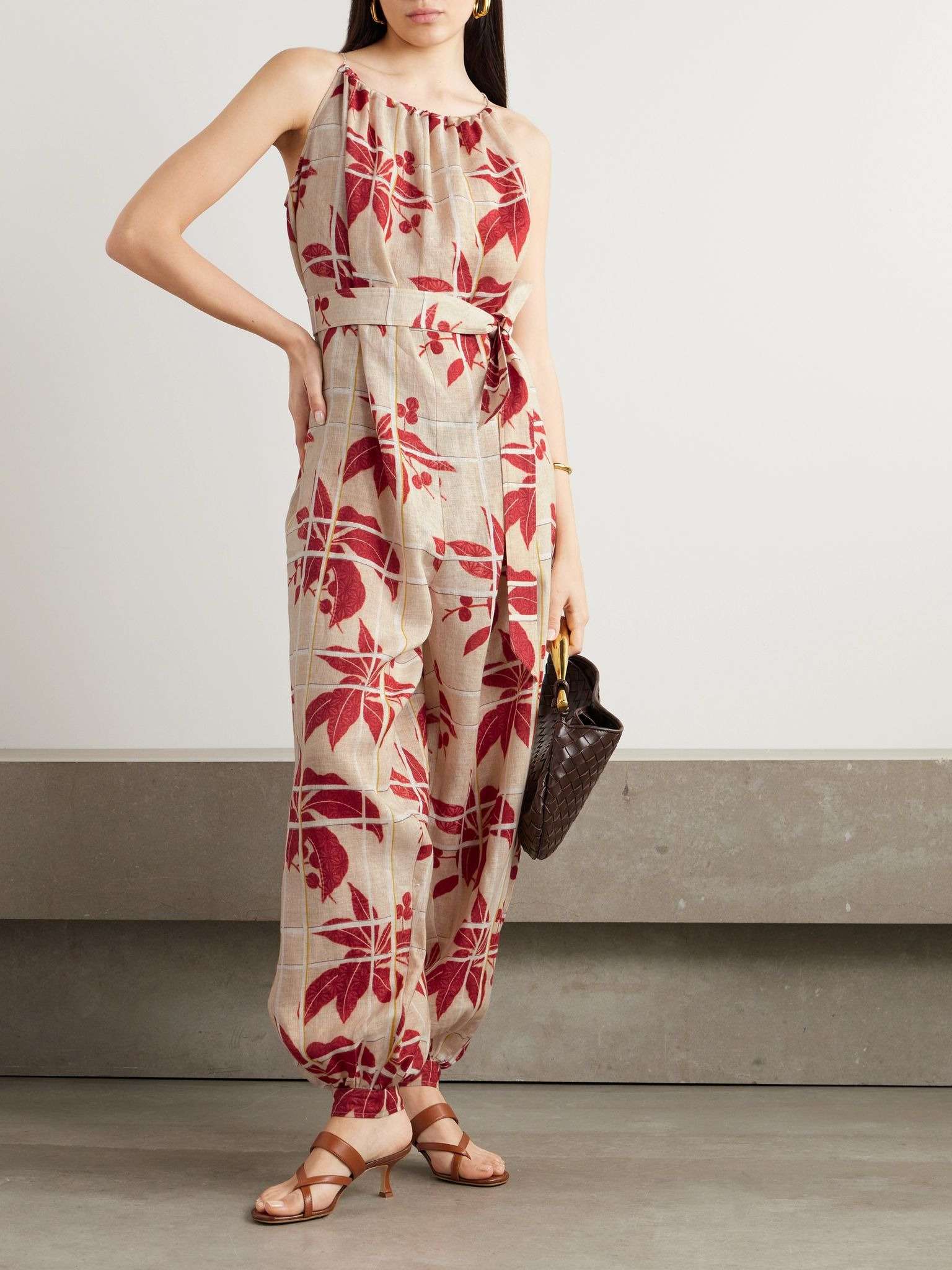 Belted printed linen jumpsuit Pink - 2