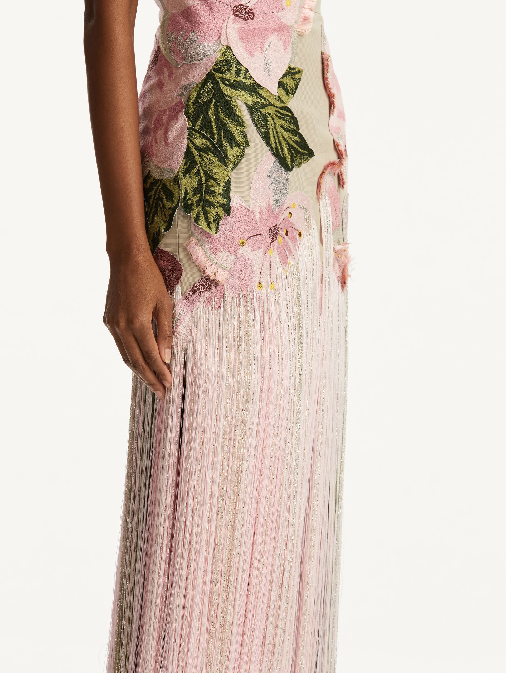 SLEEVELESS EMBROIDERED FAILLE GOWN WITH FRINGES - 4