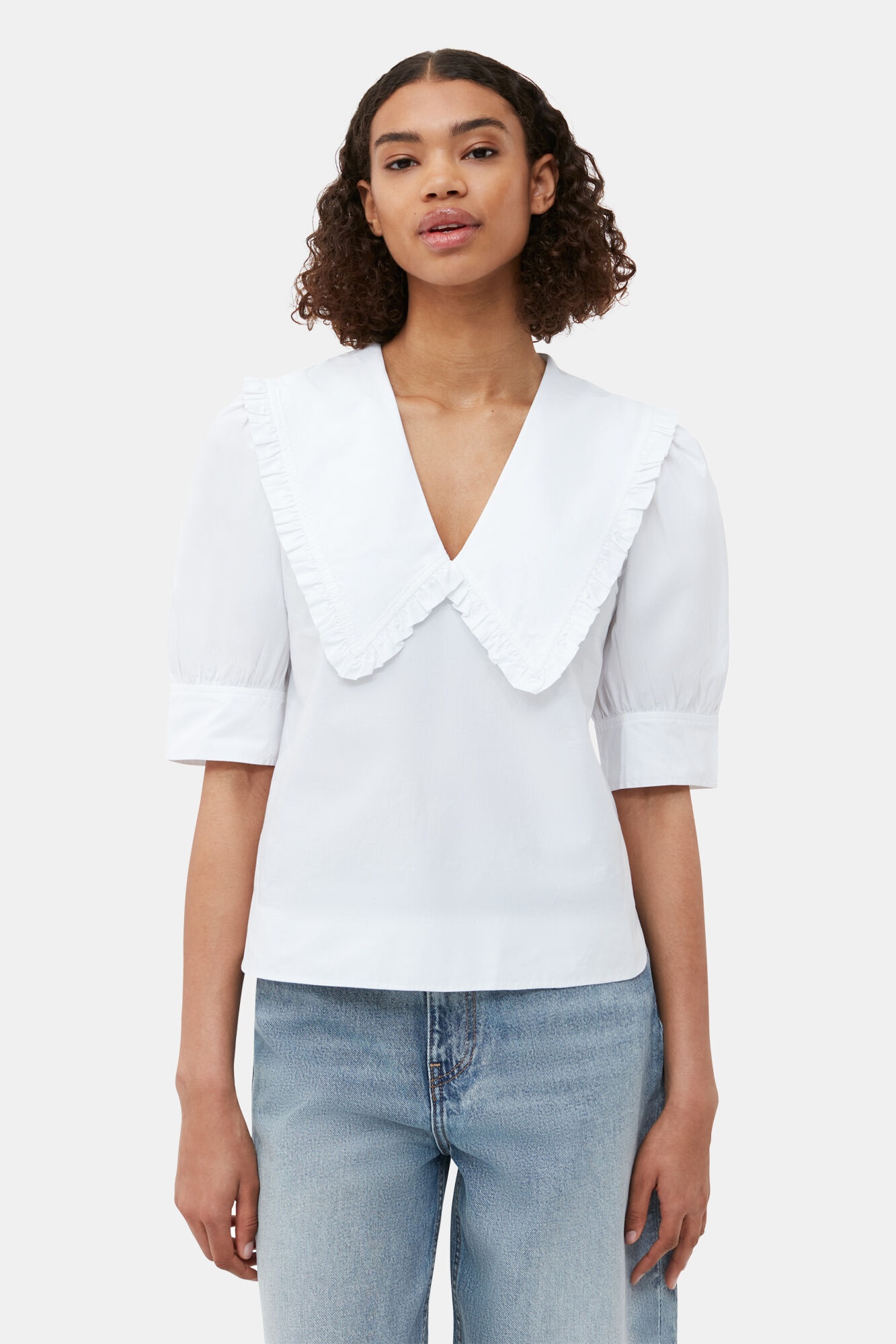 WHITE COTTON POPLIN V-NECK RUFFLE BLOUSE - 2