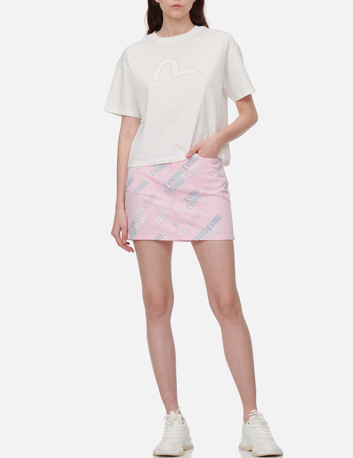 Allover Logo Print Denim Mini Skirt - 6