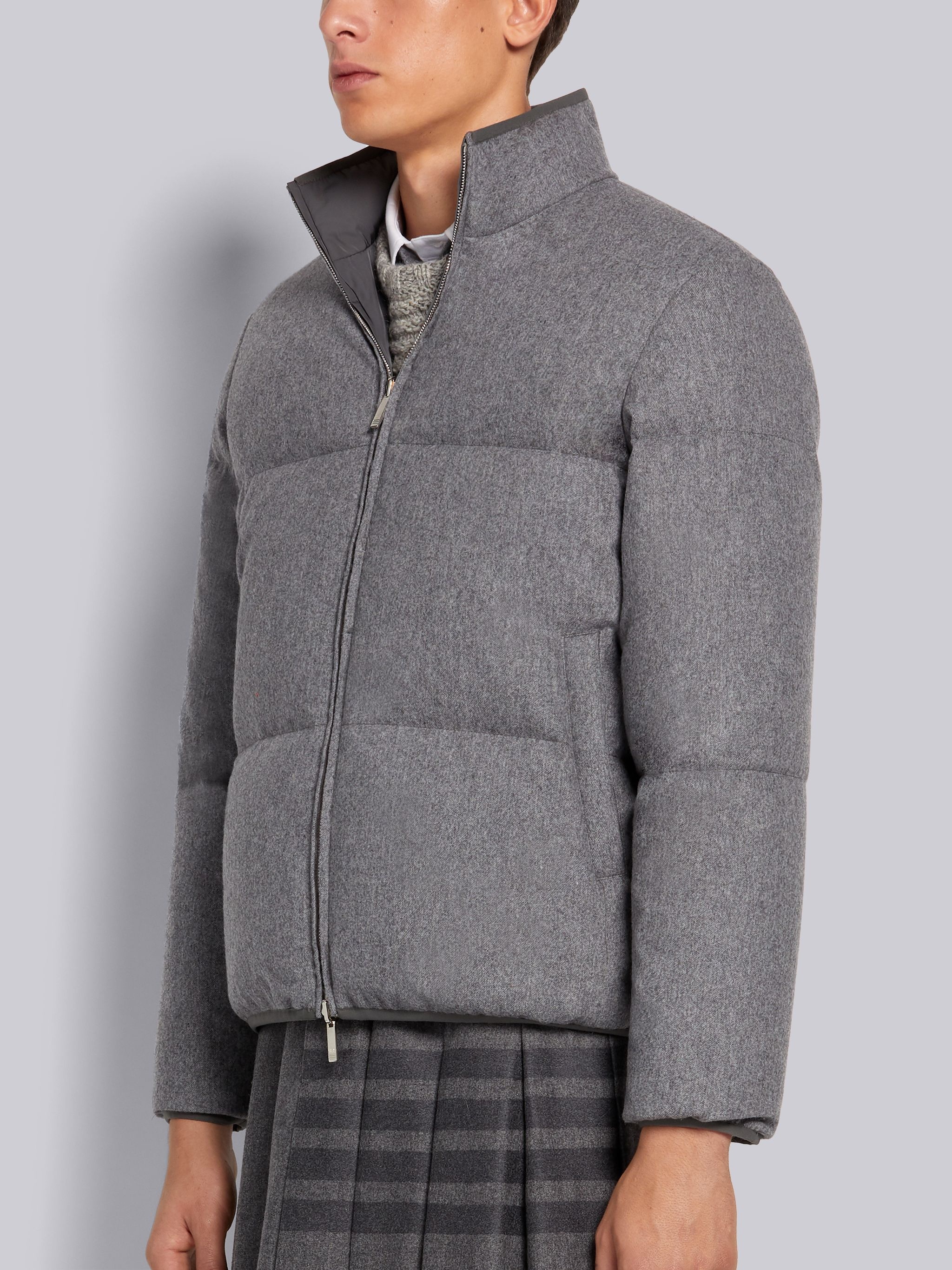 Medium Grey Lightweight Boiled Wool Engineered Stripe Reversible Funnel Neck Zip-up Jacket - 3