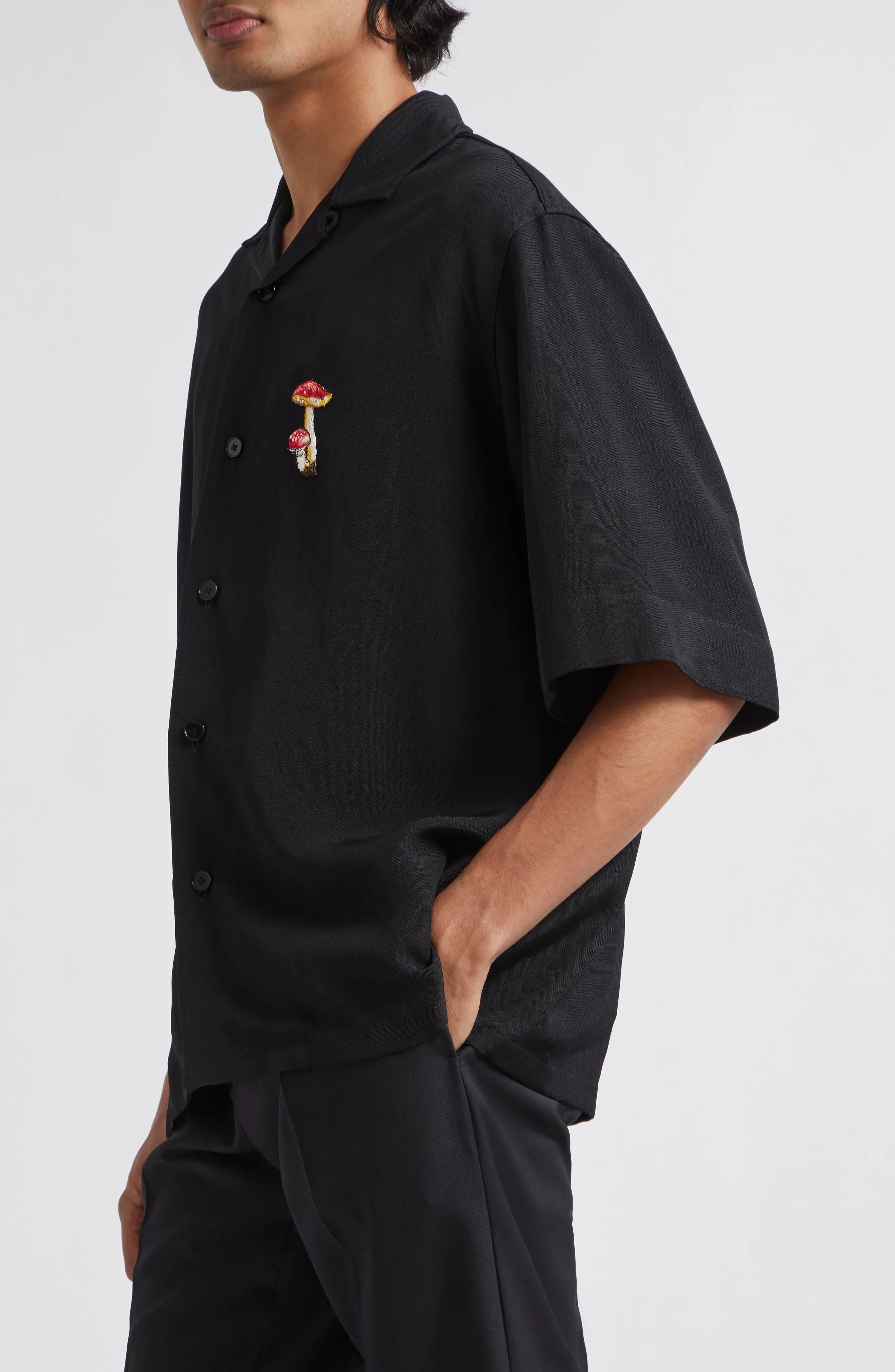 Embroidered Mushroom Short Sleeve Camp Shirt - 4