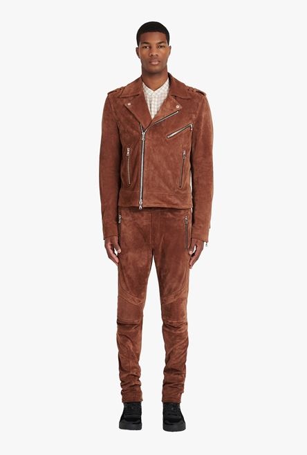 Balmain x Netflix -Hazelnut brown suede biker jacket - 4