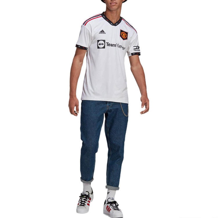 adidas Manchester United Fan Edition Soccer/Football V neck Stripe Logo Short Sleeve White H13880 - 3