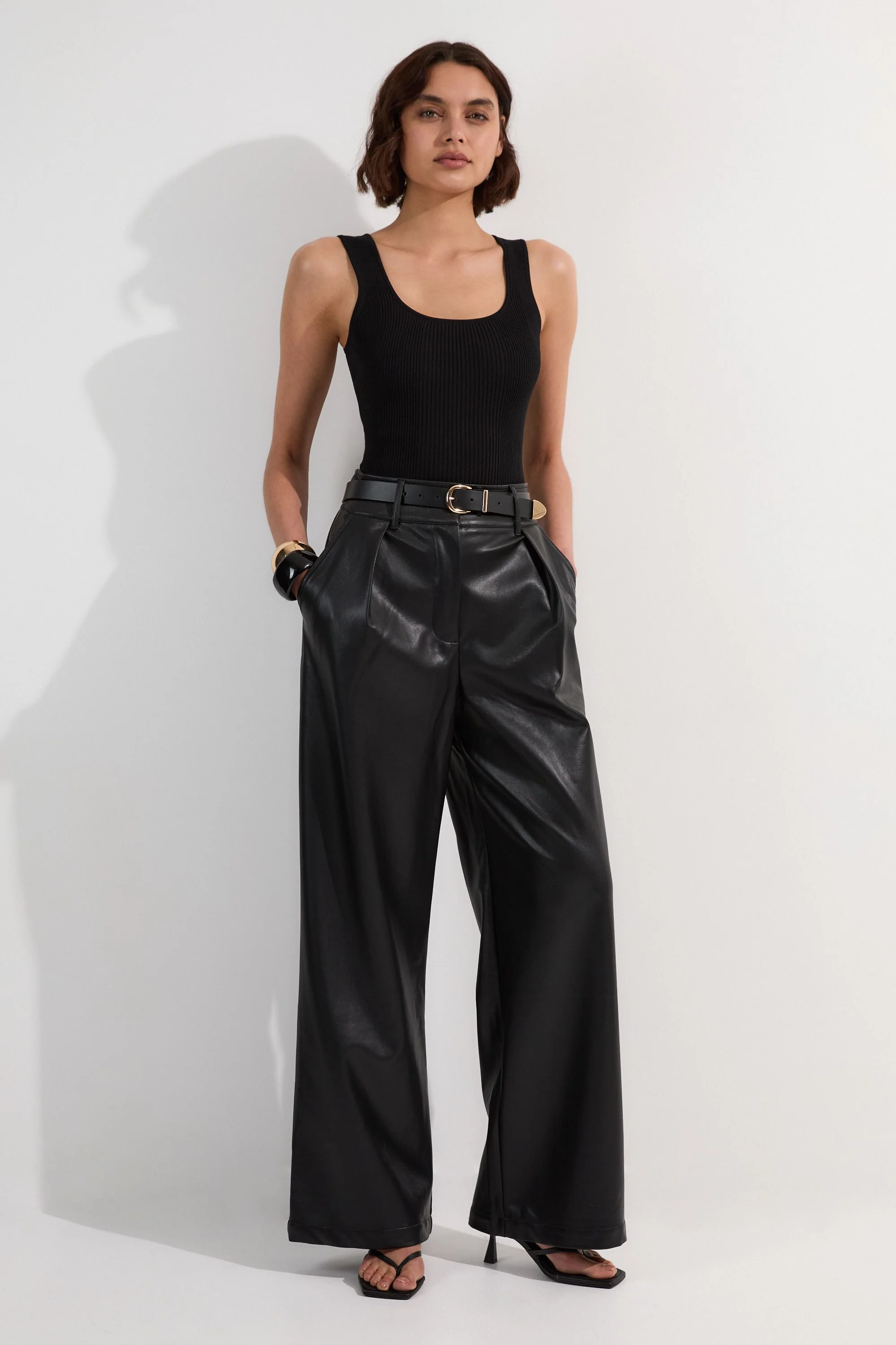 Faux Leather High Waisted Wide Leg Trousers - 1