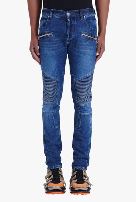 Slim cut ridged blue raw cotton jeans - 5